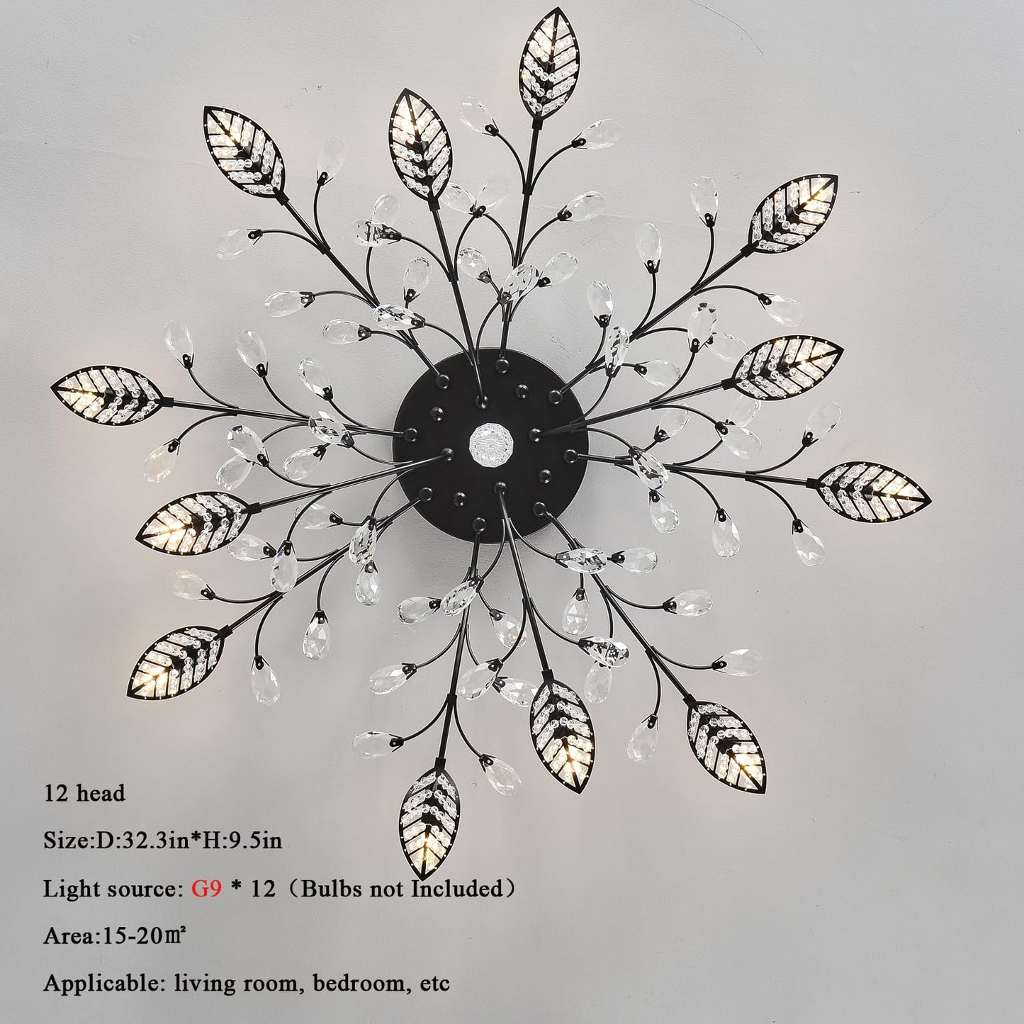 Moderne Deckenleuchte aus Kristall, halbbündiger Kronleuchter, Deckenleuchte aus Kristallblättern, Kronleuchter für Esszimmer, Wohnzimmer, Schlafzimmer (Gold, 12 Lichter)