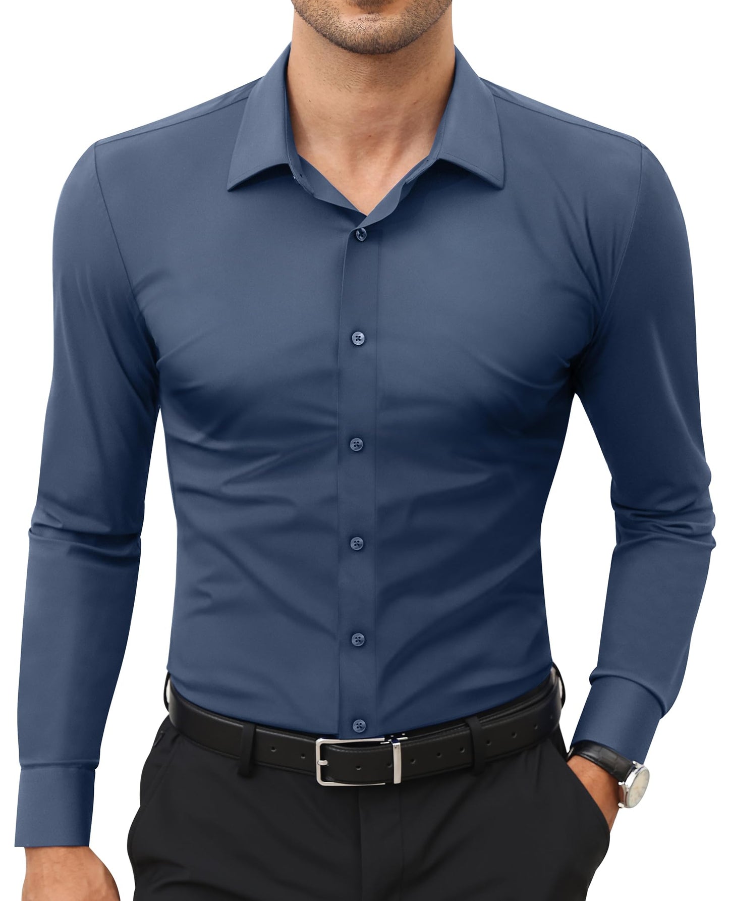 Stretch Mens Dress Shirts Long Sleeve Slim Fit Dress Shirts for Men Muscle Fit Wrinkle Free Button Down Shirt