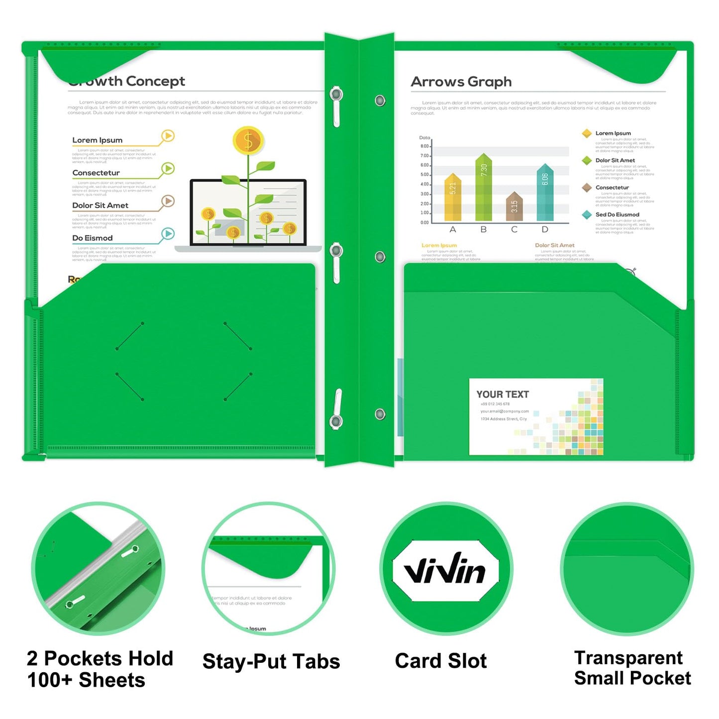 Chemises en plastique épais ViVin avec pochettes et broches, deux poches, poche avant transparente et onglets de maintien, lot de 6, pour papier au format lettre US, pour l'école et le bureau - Blanc