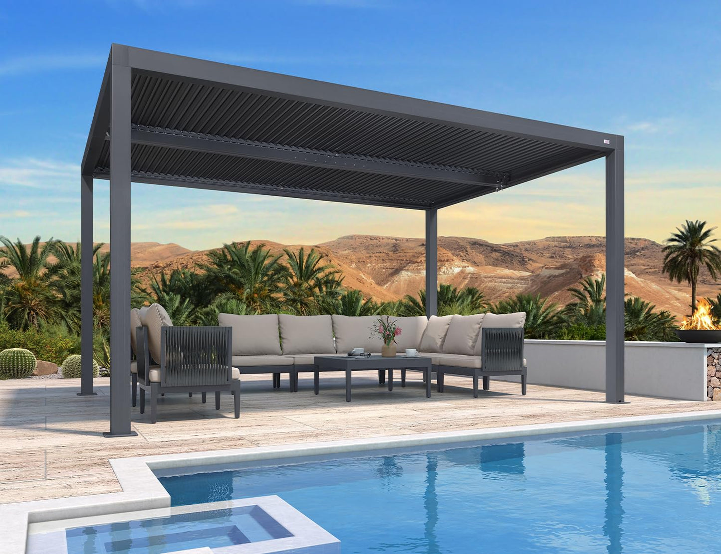 PURPLE LEAF Lamellenpergola 94AS, 3,3 x 4,3 m, Aluminium-Pergola für den Außenbereich mit Sonnenschutz, verstellbarem Dach für Terrasse, Hinterhof, grauer Pavillon mit festem Dach, 1 lange Seite und 2 kurze Seiten