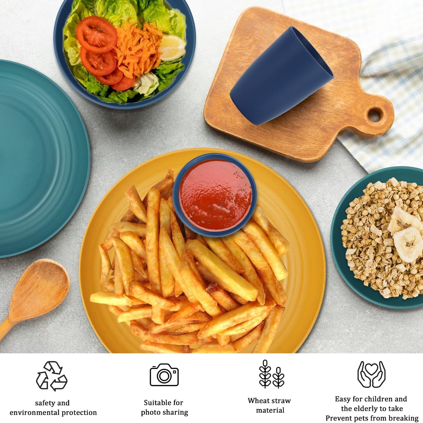 28 Piece Wheat Straw Dinnerware Sets,Dishwasher & Microwave Safe Plates and Bowls Sets - Unbreakable Plastic Dinnerware Sets for 4 Dinner Plates, Cups, Cereal Bowls - Colorful Series
