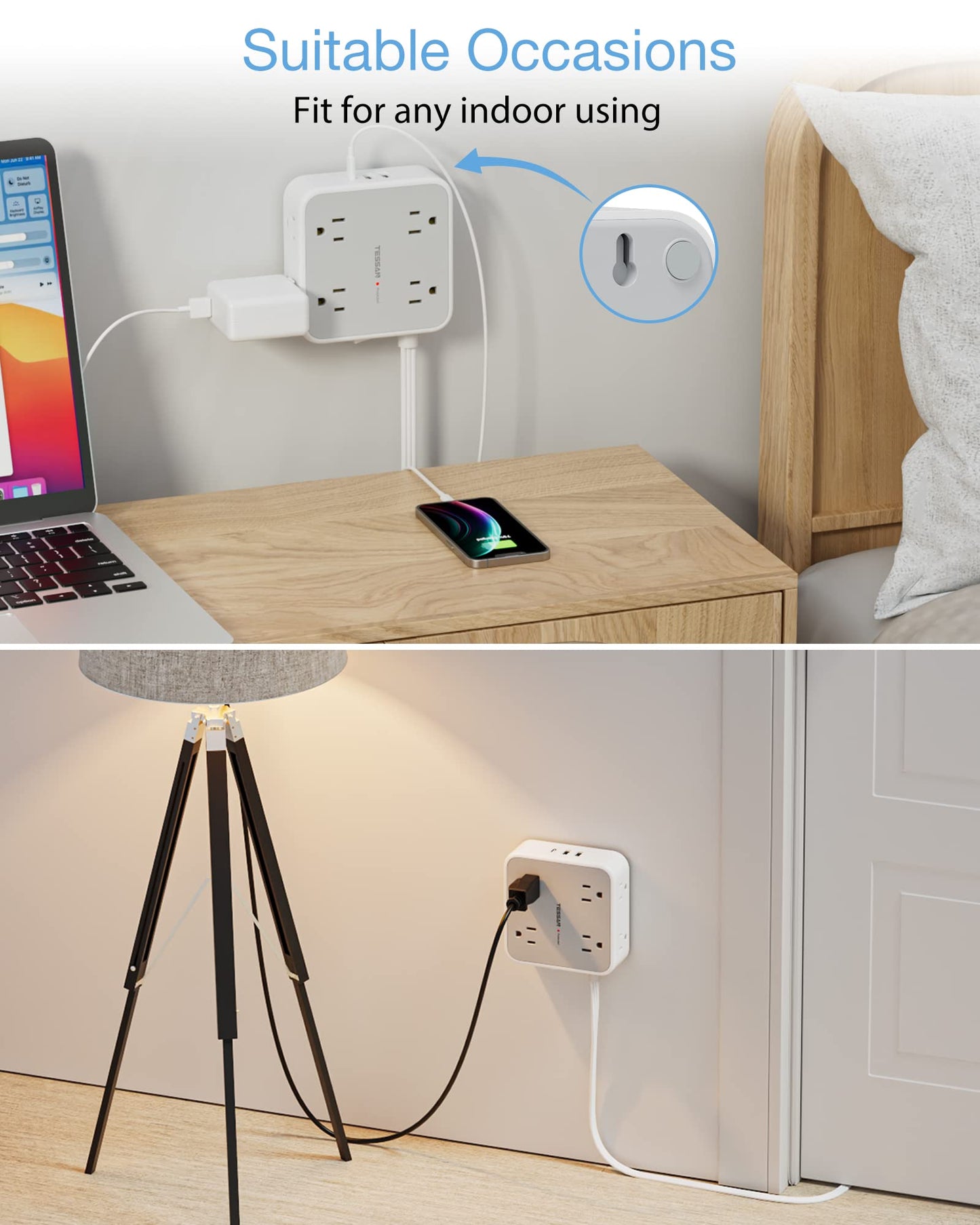 Surge Protector Flat Extension Cord Flat Plug Power Strip, 8 AC Outlets, 3 USB Charger(1 USB C Port) 3-Sided Outlet Extender, 5 Ft, 900 Joules Protection