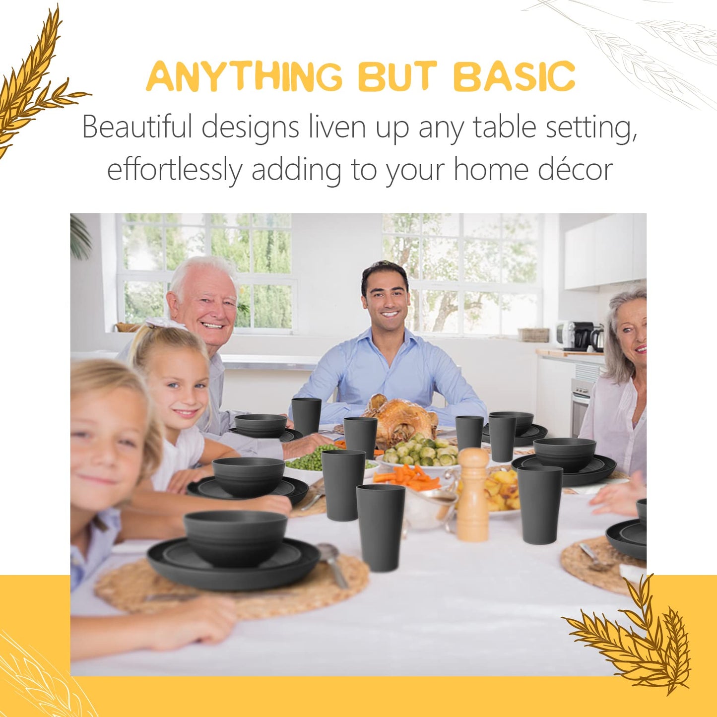 Teivio 16-Piece Kitchen Plastic Wheat Straw Dinnerware Set, Service for 4, Dinner Plates, Dessert Plate, Cereal Bowls, Cups, Unbreakable Plastic Outdoor Camping Dishes, Grey