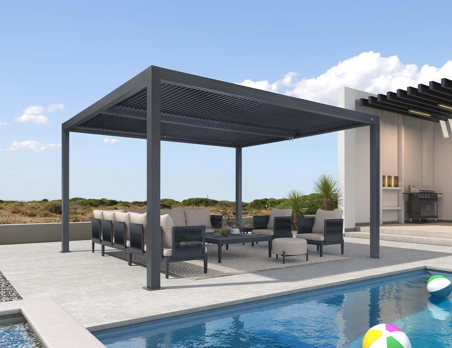 PURPLE LEAF Lamellenpergola 94AS, 3,3 x 4,3 m, Aluminium-Pergola für den Außenbereich mit Sonnenschutz, verstellbarem Dach für Terrasse, Hinterhof, grauer Pavillon mit festem Dach, 1 lange Seite und 2 kurze Seiten