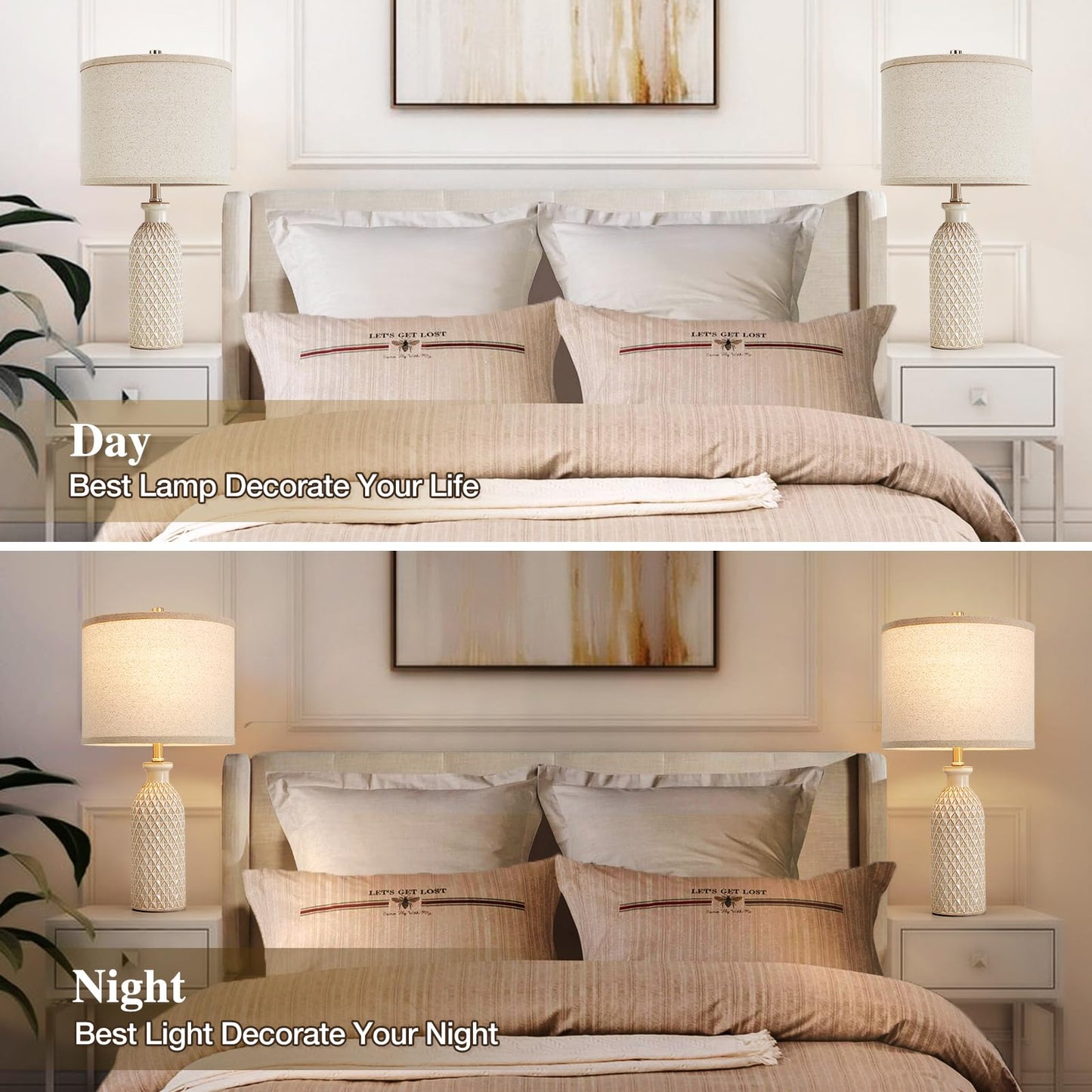 Luvkczc Moderne Keramiklampen für Schlafzimmer, 2er-Set, 3-Farbtemperatur-Tischlampe, Nachttischlampe, Schreibtisch-Leselampe mit Stoffschirm in Trommelform für Schlafzimmer, Wohnzimmer, 2 Glühbirnen enthalten (21,4 Zoll)