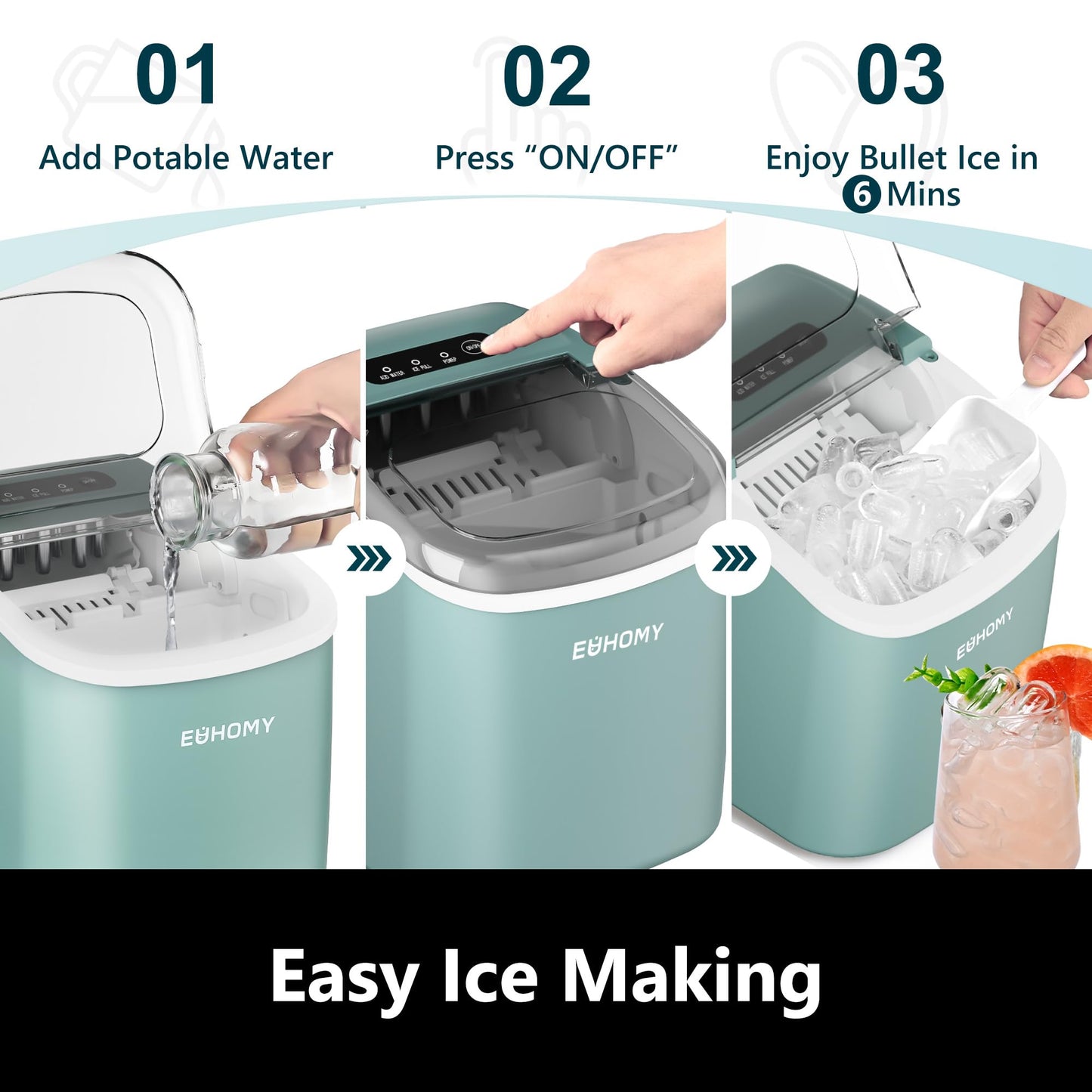 EUHOMY Countertop Ice Maker Machine with Handle, 26lbs in 24Hrs, 9 Ice Cubes Ready in 6 Mins, Auto-Cleaning Portable Ice Maker with Basket and Scoop, for Home/Kitchen/Camping/RV. (Black)