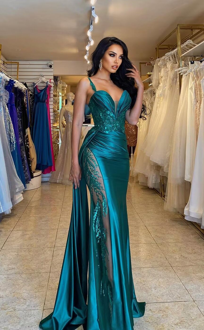 Robe de soirée longue en satin à col en V et en dentelle style sirène avec fente et plissée, robe de soirée moulante formelle avec queue