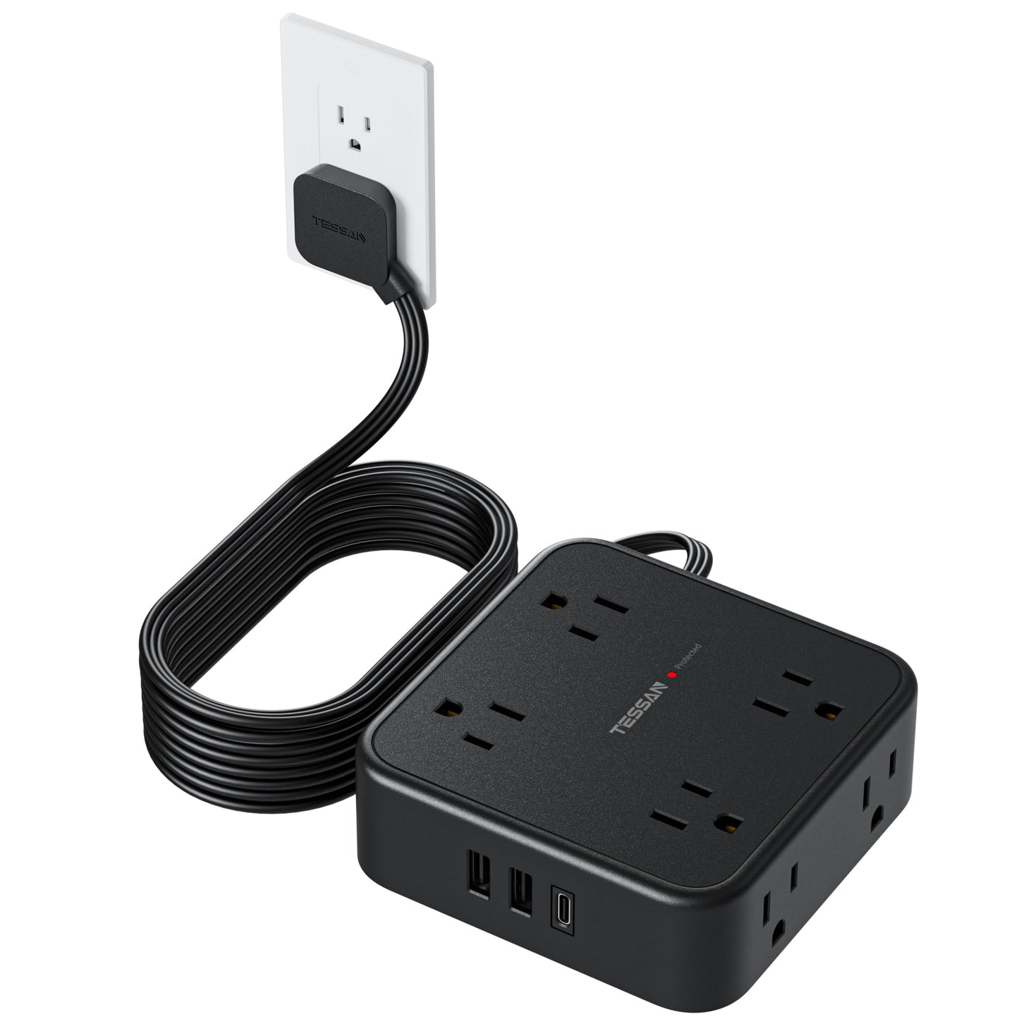Surge Protector Flat Extension Cord Flat Plug Power Strip, 8 AC Outlets, 3 USB Charger(1 USB C Port) 3-Sided Outlet Extender, 5 Ft, 900 Joules Protection
