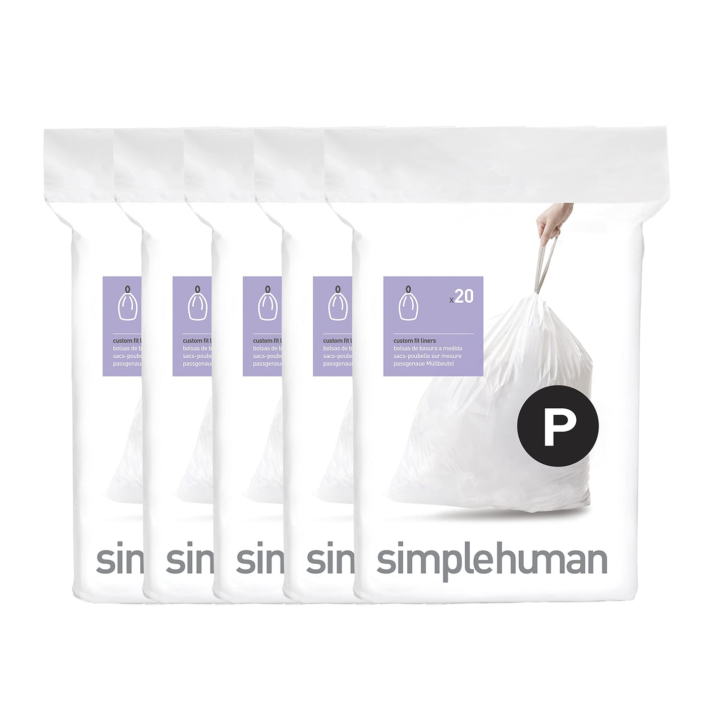 simplehuman Code H 60 Count, Genuine Custom Fit Liners, Drawstring Trash Bags in Dispenser Packs, 30-35 Liter / 8-9.2 Gallon, White