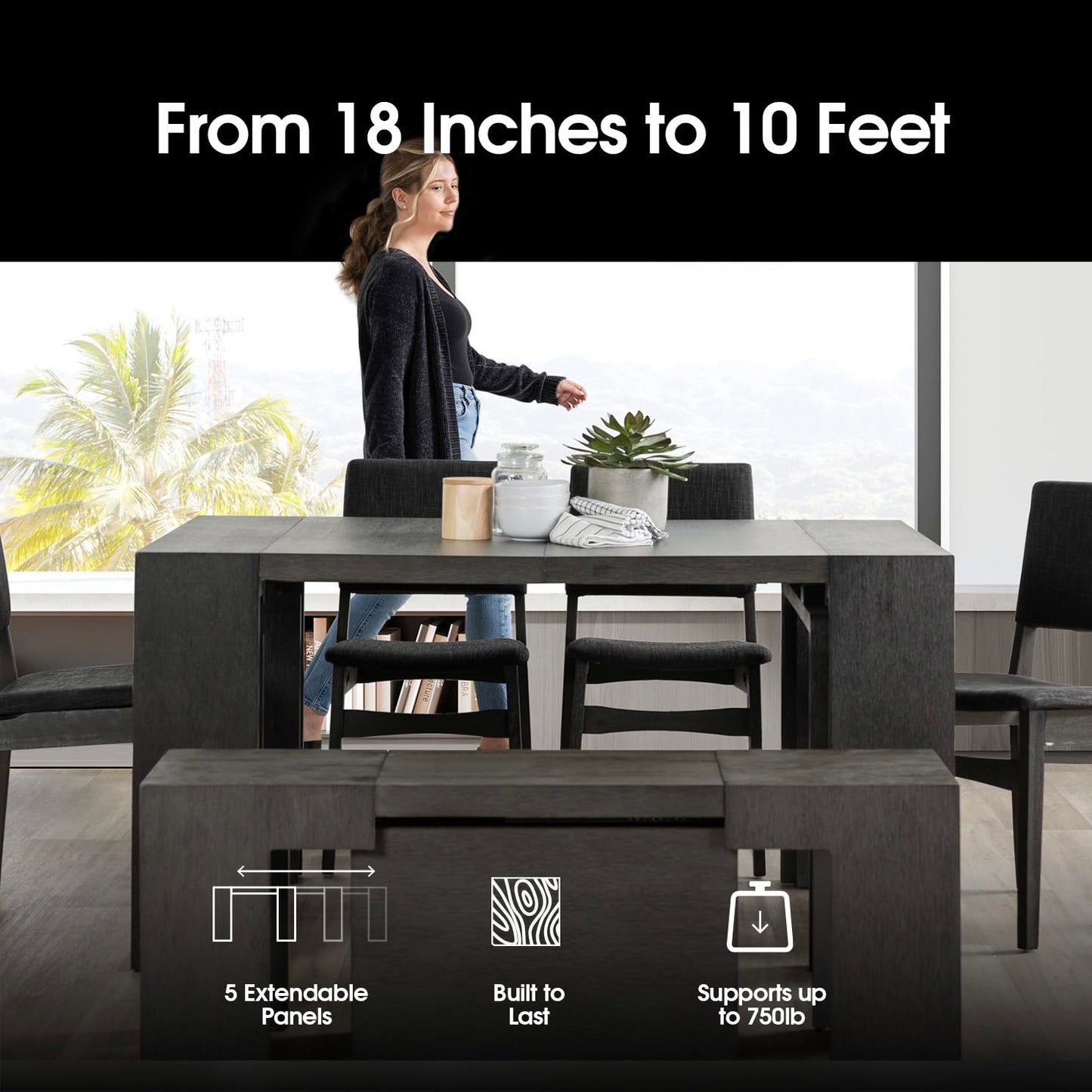 Transformer Table Esstisch-Set für 4 bis 12, ausziehbarer Esstisch aus Holz mit ausziehbarer Bank, Möbel für kleine Räume, Küchentisch-Set (Dunkelgrau, Tisch + Bank)