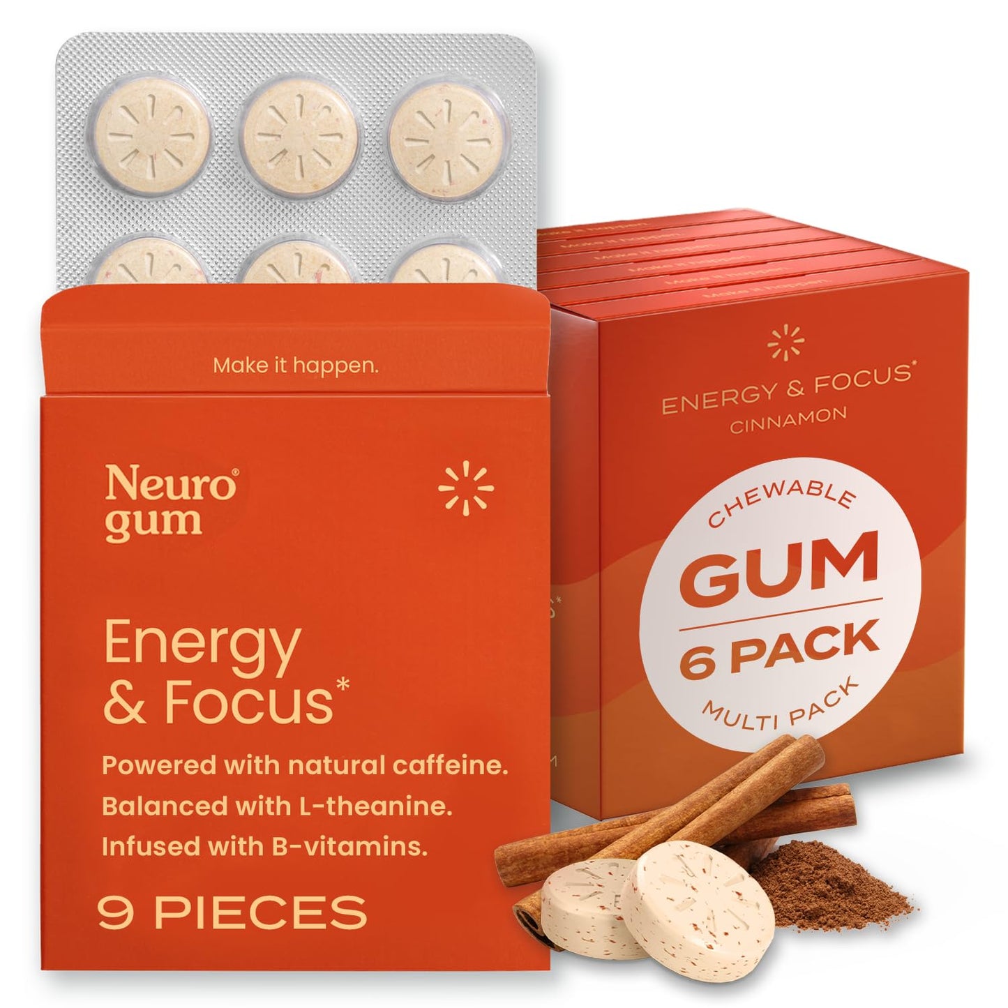 NeuroGum Energy Caffeine Gum (54 Count) - Sugar Free with L-theanine + Natural Caffeine + Vitamin B12 & B6 - Nootropic Energy & Focus Supplement for Women & Men - Keto & Vegan, Cinnamon Flavor