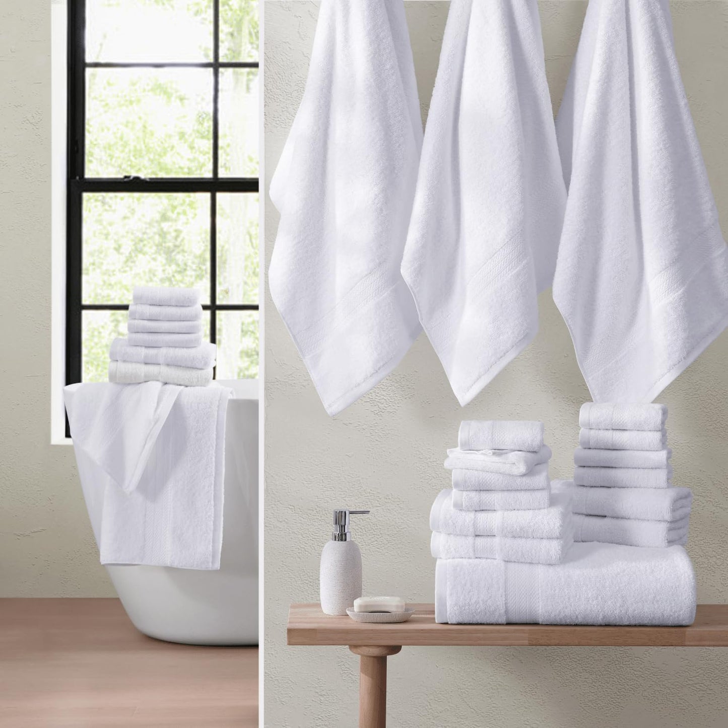 LANE LINEN 24-teiliges Badezimmerhandtuch-Set – 100 % Baumwolle, Badetuch-Sets, 4 Badetücher extragroß, 2 Badelaken, 6 Handtücher fürs Badezimmer, 8 Waschlappen, 4 Fingerkuppen-Handtücher – weiße Handtücher