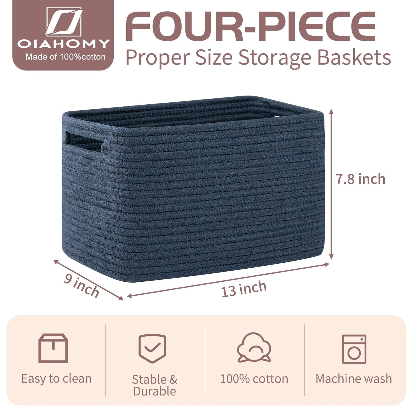 OIAHOMY 4 Pack Storage Baskets for Organizing, Cube Storage Bins for Shelves, Rectangle Storage Baskets With Handles, Woven Baskets for Storage, 12.7''Lx9''Wx7.8''H, Black