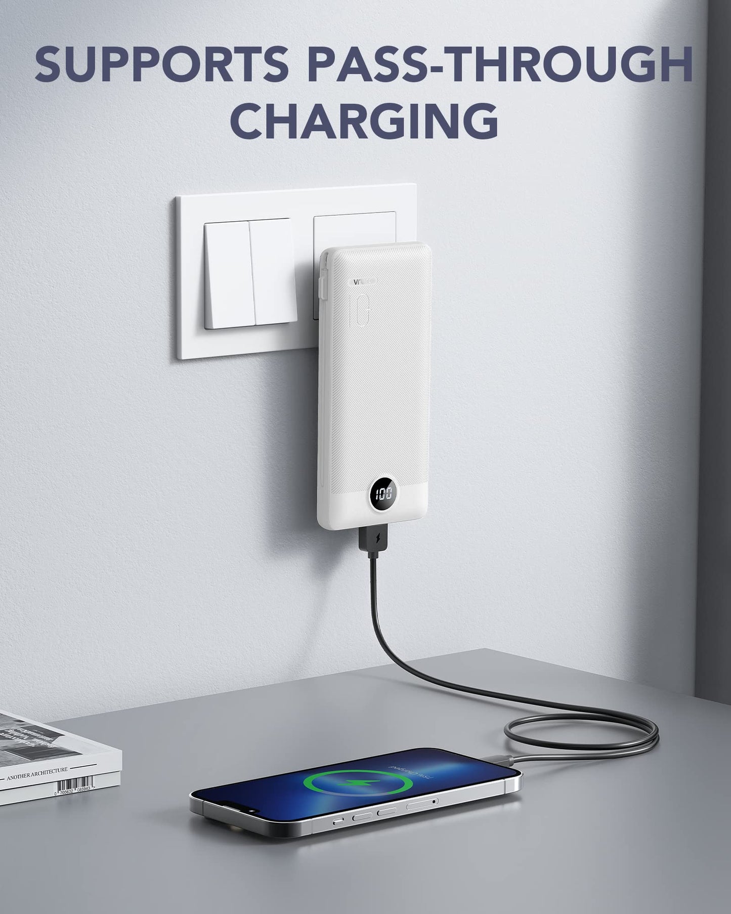 VRURC Portable Charger Built-in Cables and AC Wall Plug, USB C Power Bank 10000mAh, Travel Battery Phone Charger Compact Lightweight External Battery Pack for Smart Phones, Tablets etc-Orange