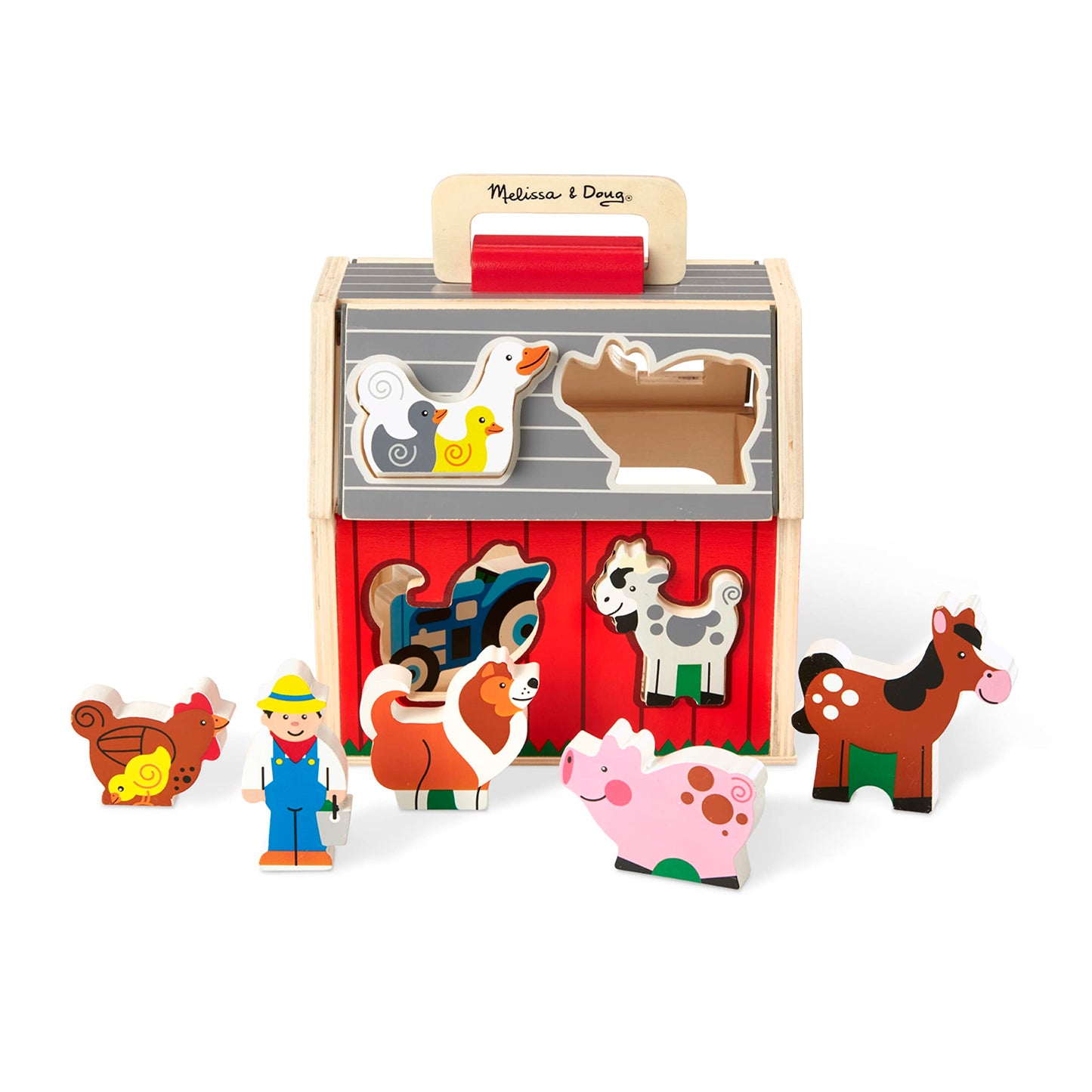 Melissa & Doug Wooden Take-Along Barn Toy with Flip-Up Roof and Handle, 10 Farm Play Pieces, Shape Sorting And Stacking Learning Toys For Toddlers And Kids Ages 2+