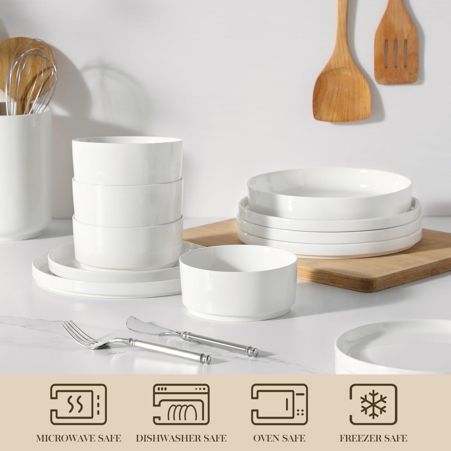 MALACASA 12 Pieces Porcelain Dinnerware Set, Modern White Dish Set for 4, Premium Serving Plates and Bowls Sets, Chip and Scratch Resistant Dishware Sets Kitchen Dishes Dining Ware Set, Series LEAH