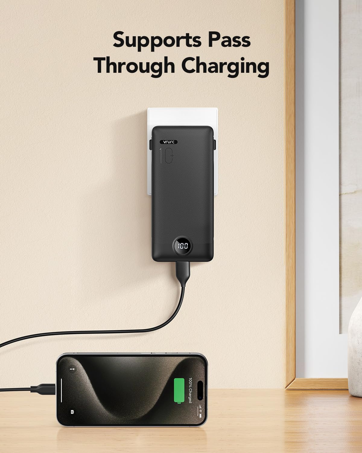 VRURC Portable Charger Built-in Cables and AC Wall Plug, USB C Power Bank 10000mAh, Travel Battery Phone Charger Compact Lightweight External Battery Pack for Smart Phones, Tablets etc-Orange