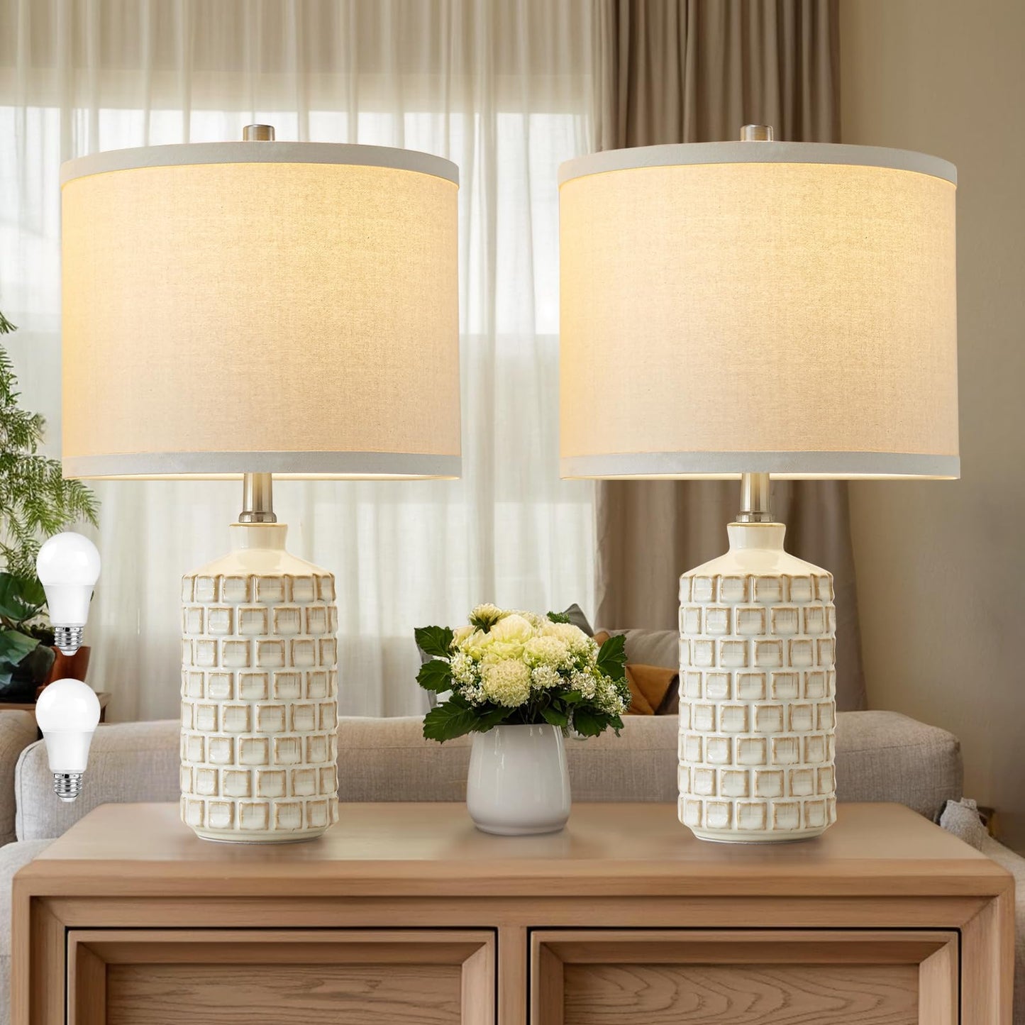 Luvkczc Moderne Keramiklampen für Schlafzimmer, 2er-Set, 3-Farbtemperatur-Tischlampe, Nachttischlampe, Schreibtisch-Leselampe mit Stoffschirm in Trommelform für Schlafzimmer, Wohnzimmer, 2 Glühbirnen enthalten (21,4 Zoll)