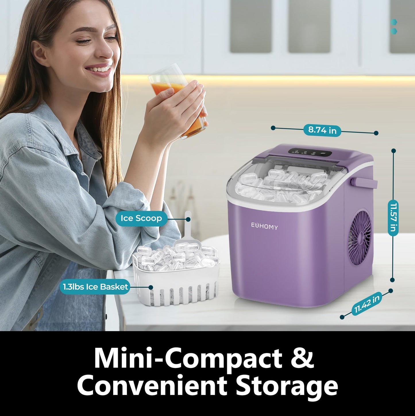 EUHOMY Countertop Ice Maker Machine with Handle, 26lbs in 24Hrs, 9 Ice Cubes Ready in 6 Mins, Auto-Cleaning Portable Ice Maker with Basket and Scoop, for Home/Kitchen/Camping/RV. (Black)
