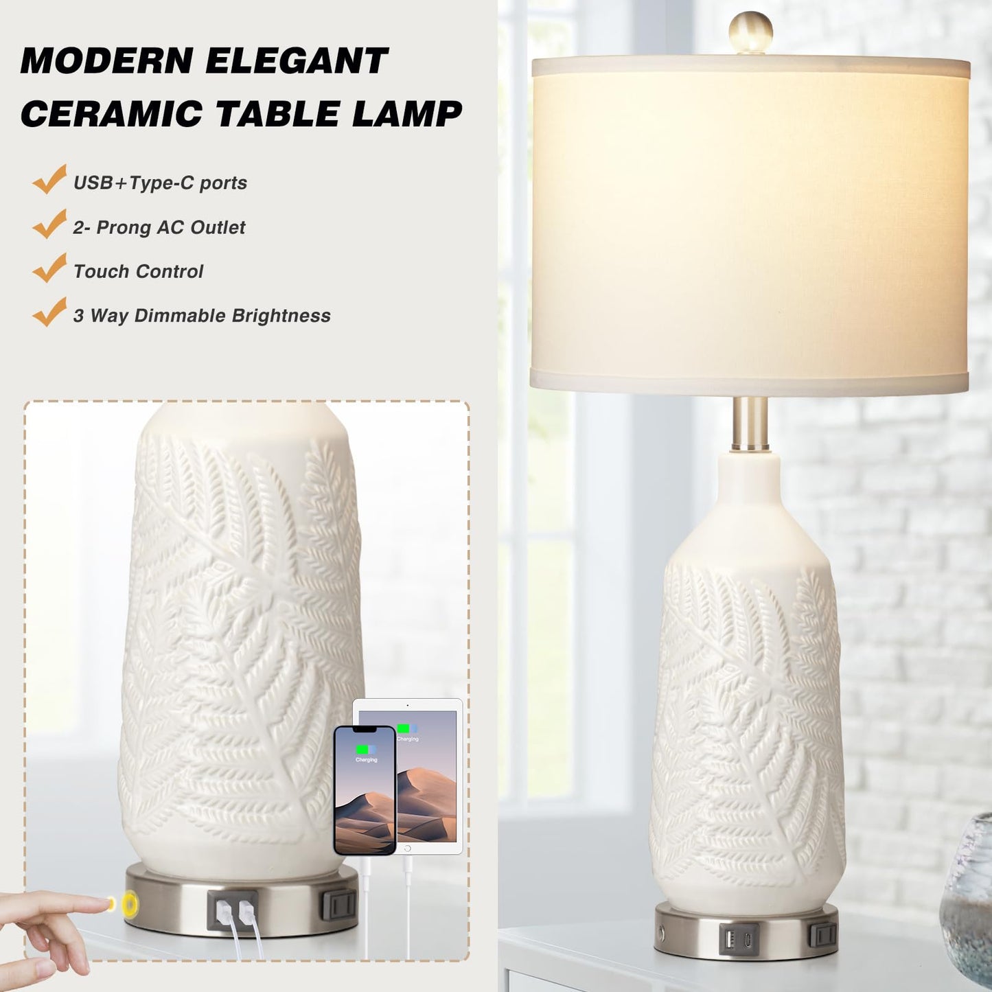 27-Zoll-Tischlampen aus Glas, 2er-Set mit Nachtlicht, moderne Nachttischlampen mit 3-Wege-Touch-Steuerung, USB-A+C-Anschlüssen und AC-Steckdose, gelbe Nachttischlampen im Boho-Stil für das Wohnzimmer im Schlafzimmer