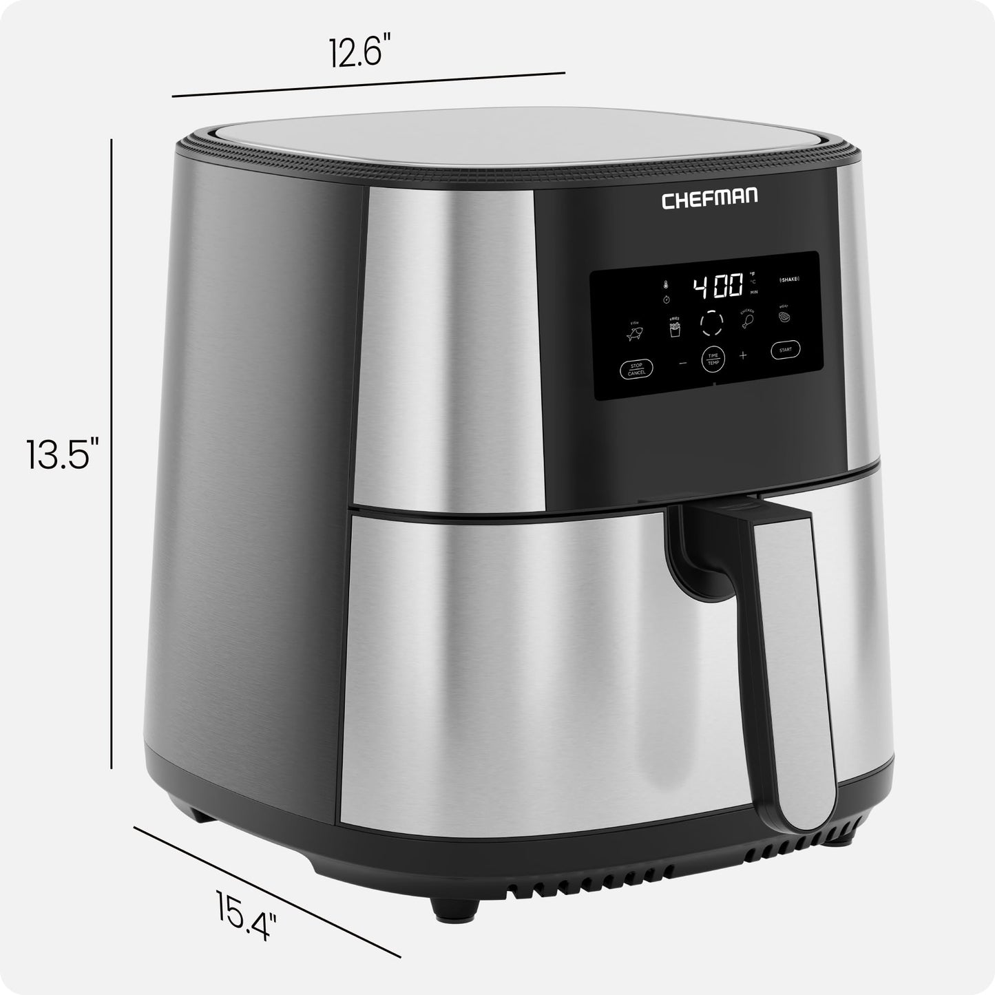 Chefman TurboFry® Touch Heißluftfritteuse, XL 8-Qt Familiengröße, digitale One-Touch-Voreinstellungen, Pommes Frites, Hähnchen, Fleisch, Fisch, antihaftbeschichtete, spülmaschinenfeste Teile, automatische Abschaltung, Edelstahl