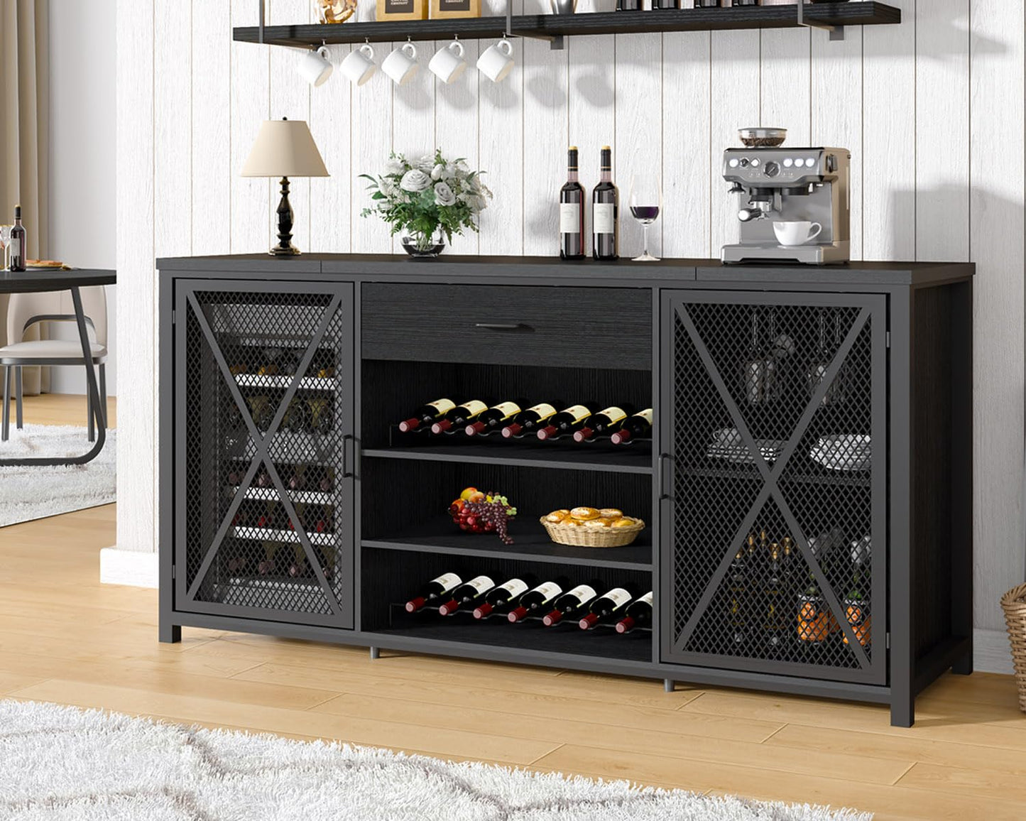 LVB Langer Barschrank mit Platz für den Kühlschrank, großer Spirituosenschrank im Landhausstil mit Schubladen, großer Weinschrank aus rustikalem Holz und Metall mit Regal, modernes Sideboard-Buffet für Küche und Esszimmer, grau, 70 Zoll