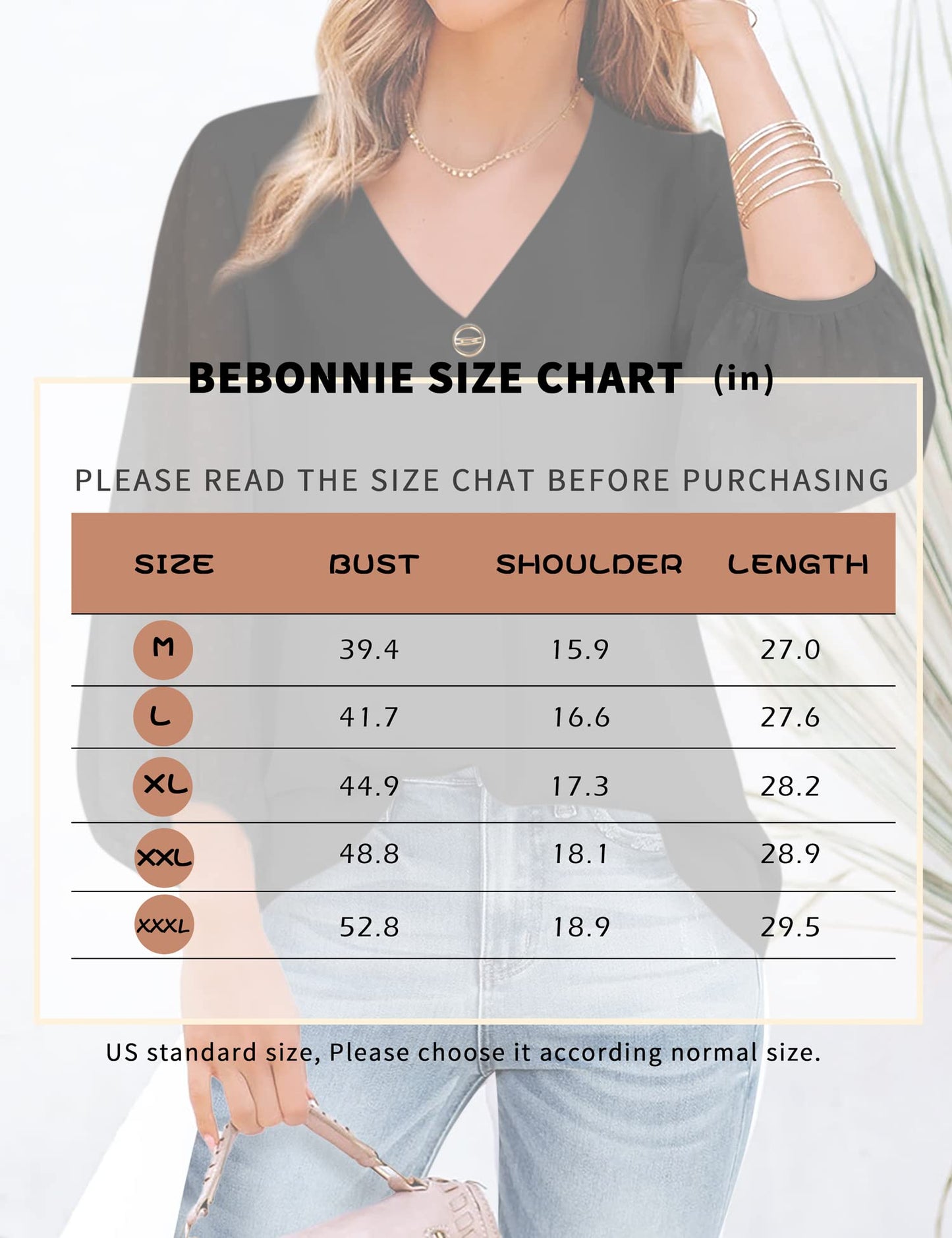 Bebonnie Damen Chiffonbluse mit Laternenmuster, 3/4-Ärmel, lässig, locker, V-Ausschnitt
