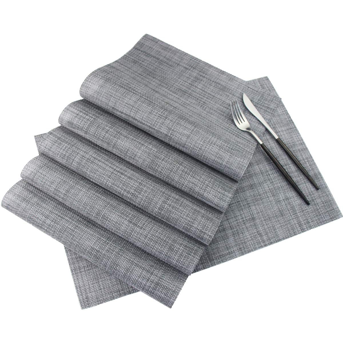 PIGCHCY Keilförmige Tischsets für den Esstisch, kreuzgewebt, waschbares Vinyl-Tischset, hitzebeständig, runde Tischsets, 4er-Set (Silbergrau)