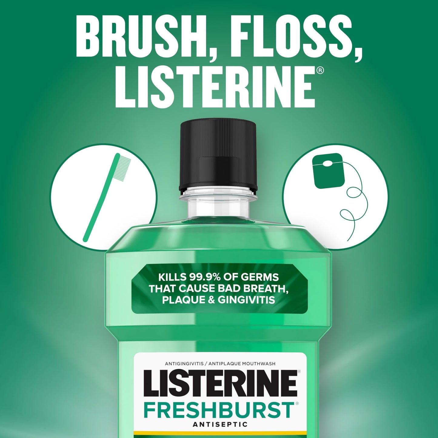 Listerine Freshburst Antiseptic Mouthwash for Bad Breath, Kills 99% of Germs That Cause Bad Breath & Fight Plaque & Gingivitis, ADA Accepted Mouthwash, Spearmint, 1 L