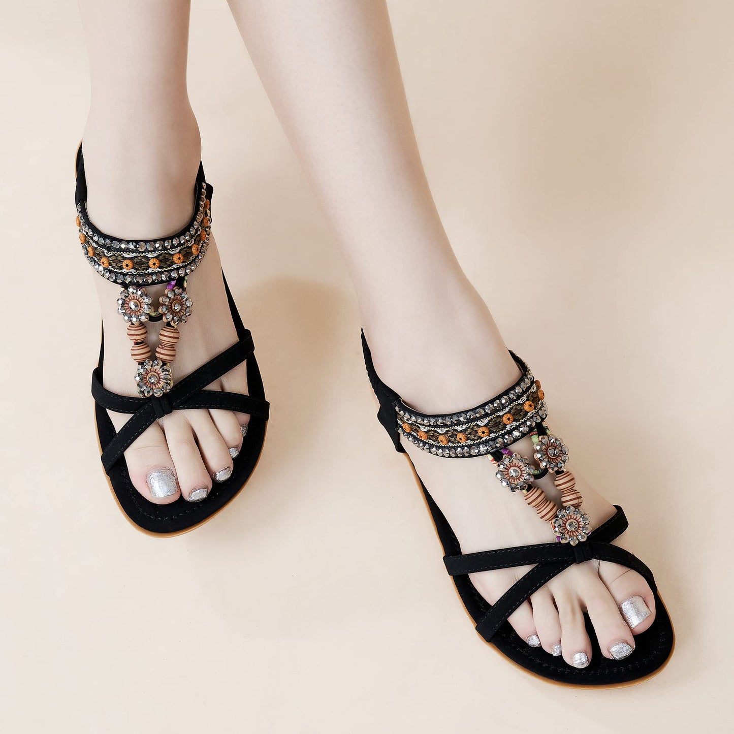 Elegante Damensandalen für den Sommer: Flache Schuhe, bequeme Bohemian-Sandalen mit elastischem Knöchelriemen, Strandsandalen für Damen
