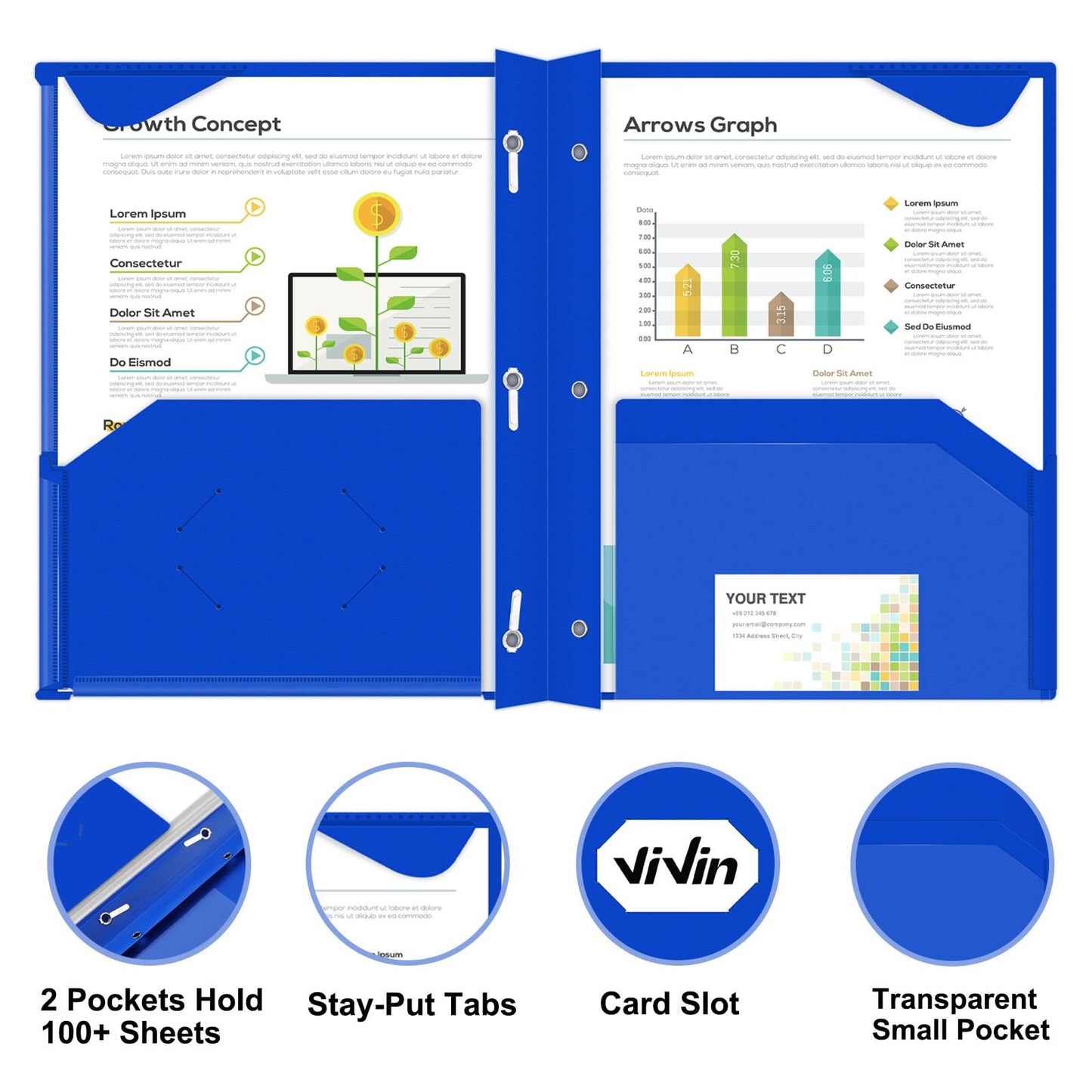Chemises en plastique épais ViVin avec pochettes et broches, deux poches, poche avant transparente et onglets de maintien, lot de 6, pour papier au format lettre US, pour l'école et le bureau - Blanc