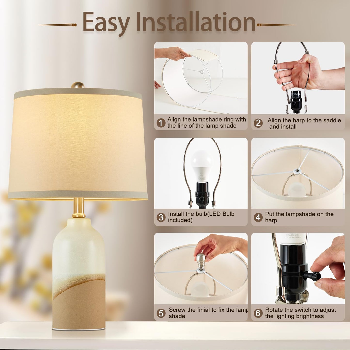 Luvkczc Moderne Keramiklampen für Schlafzimmer, 2er-Set, 3-Farbtemperatur-Tischlampe, Nachttischlampe, Schreibtisch-Leselampe mit Stoffschirm in Trommelform für Schlafzimmer, Wohnzimmer, 2 Glühbirnen enthalten (21,4 Zoll)