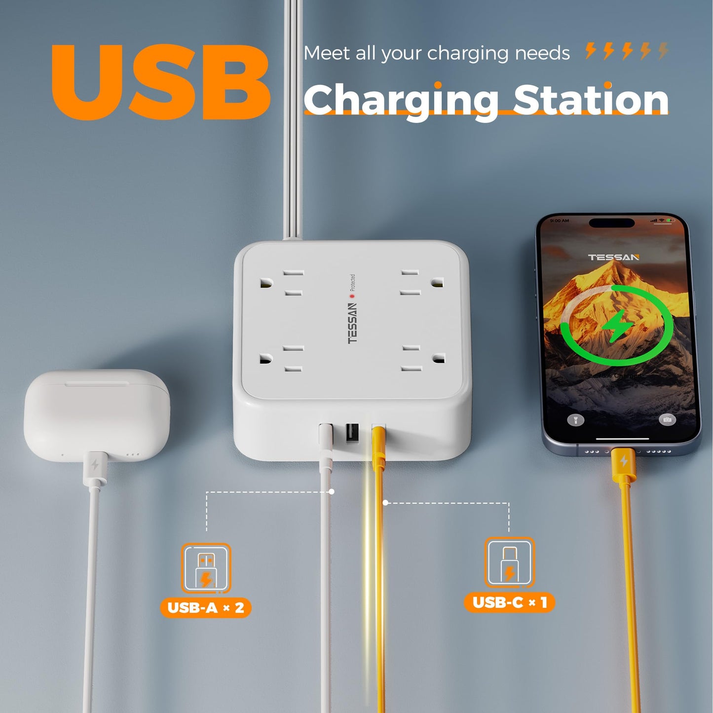Surge Protector Flat Extension Cord Flat Plug Power Strip, 8 AC Outlets, 3 USB Charger(1 USB C Port) 3-Sided Outlet Extender, 5 Ft, 900 Joules Protection