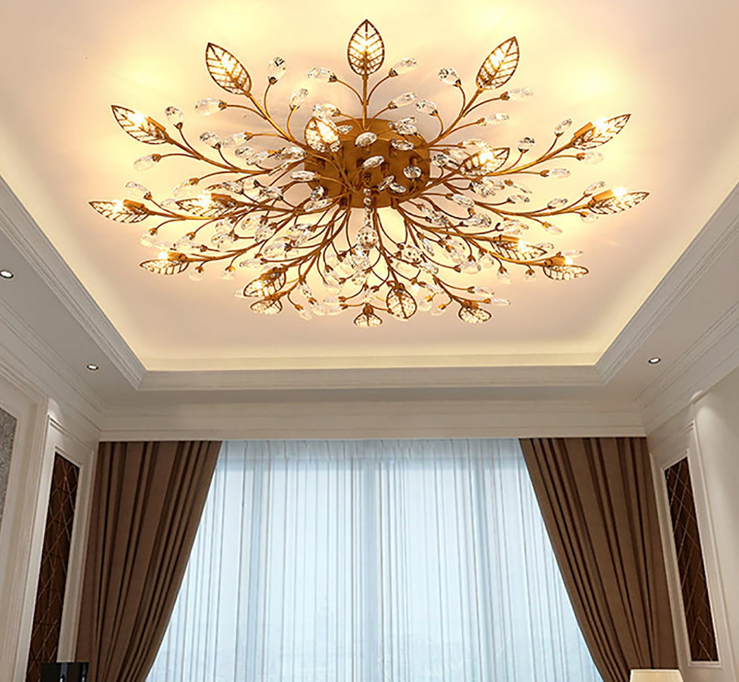 Moderne Deckenleuchte aus Kristall, halbbündiger Kronleuchter, Deckenleuchte aus Kristallblättern, Kronleuchter für Esszimmer, Wohnzimmer, Schlafzimmer (Gold, 12 Lichter)