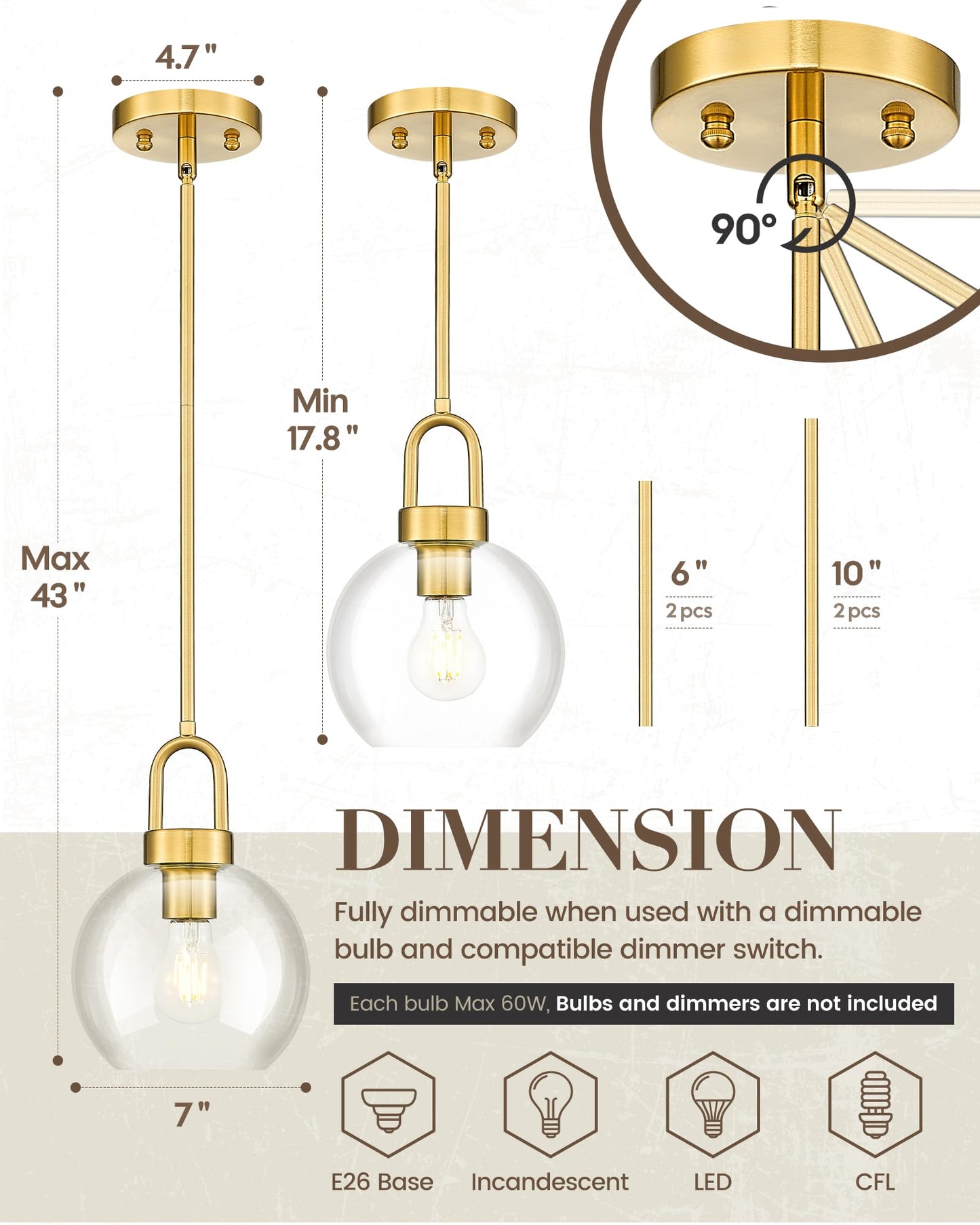 TENGXIN 7-Zoll-Pendelleuchte für Kücheninsel – gebürstetes Gold-Finish mit Milchglasschirm, eleganter Bauernhausstil, perfekt für Esszimmer oder Schlafzimmer, TXPLBG15-MG