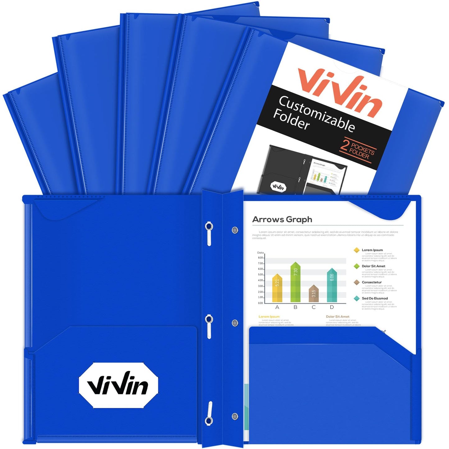 Chemises en plastique épais ViVin avec pochettes et broches, deux poches, poche avant transparente et onglets de maintien, lot de 6, pour papier au format lettre US, pour l'école et le bureau - Blanc