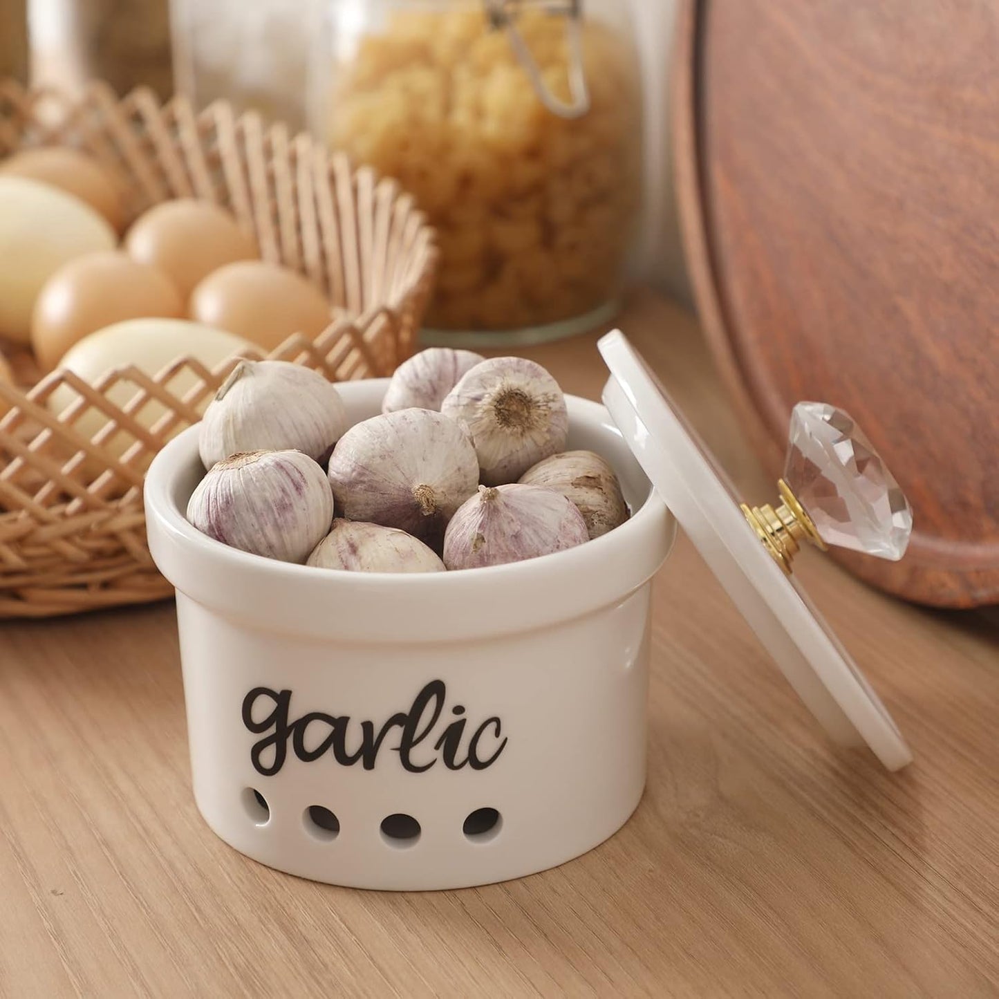HAOTOP Garlic Keeper with Crystal Lid, 12.5 oz Ceramic Garlic Saver Container for Countertop, Farmhouse Kitchen Decor (Silver)