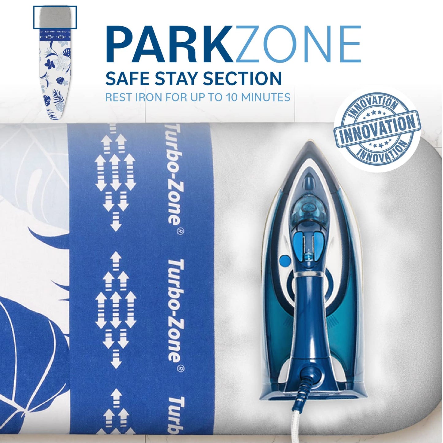 Housse et coussin pour planche à repasser Bartnelli, fabriqués en Europe avec une nouvelle technologie brevetée | Housse de rechange pour planche à repasser 54x15 avec zone Park & Turbo, dessus épais 100 % coton résistant aux brûlures