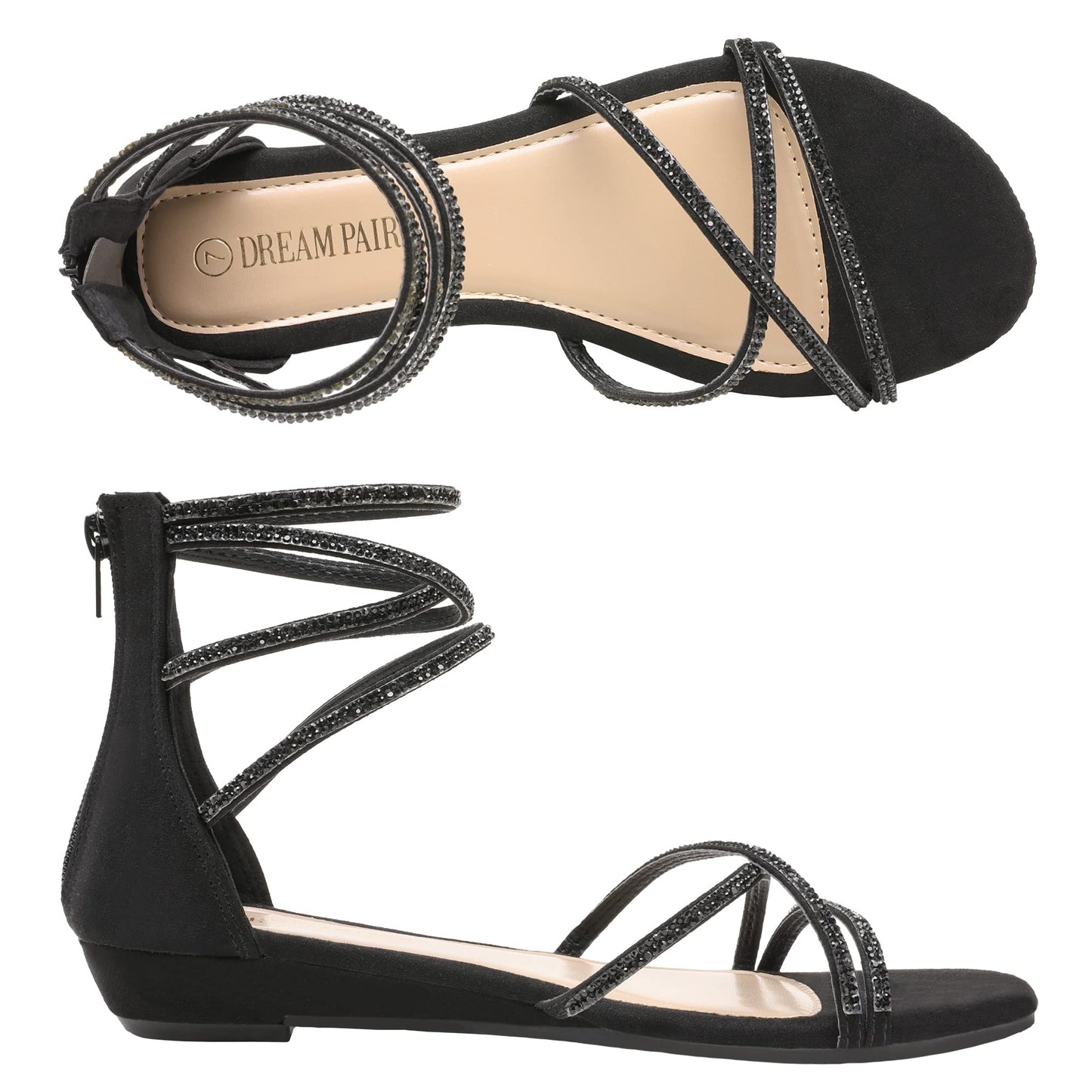 DREAM PAIRS Sandales plates à bride à la cheville pour femmes Sandales d'été habillées à lanières et strass pour gladiateur