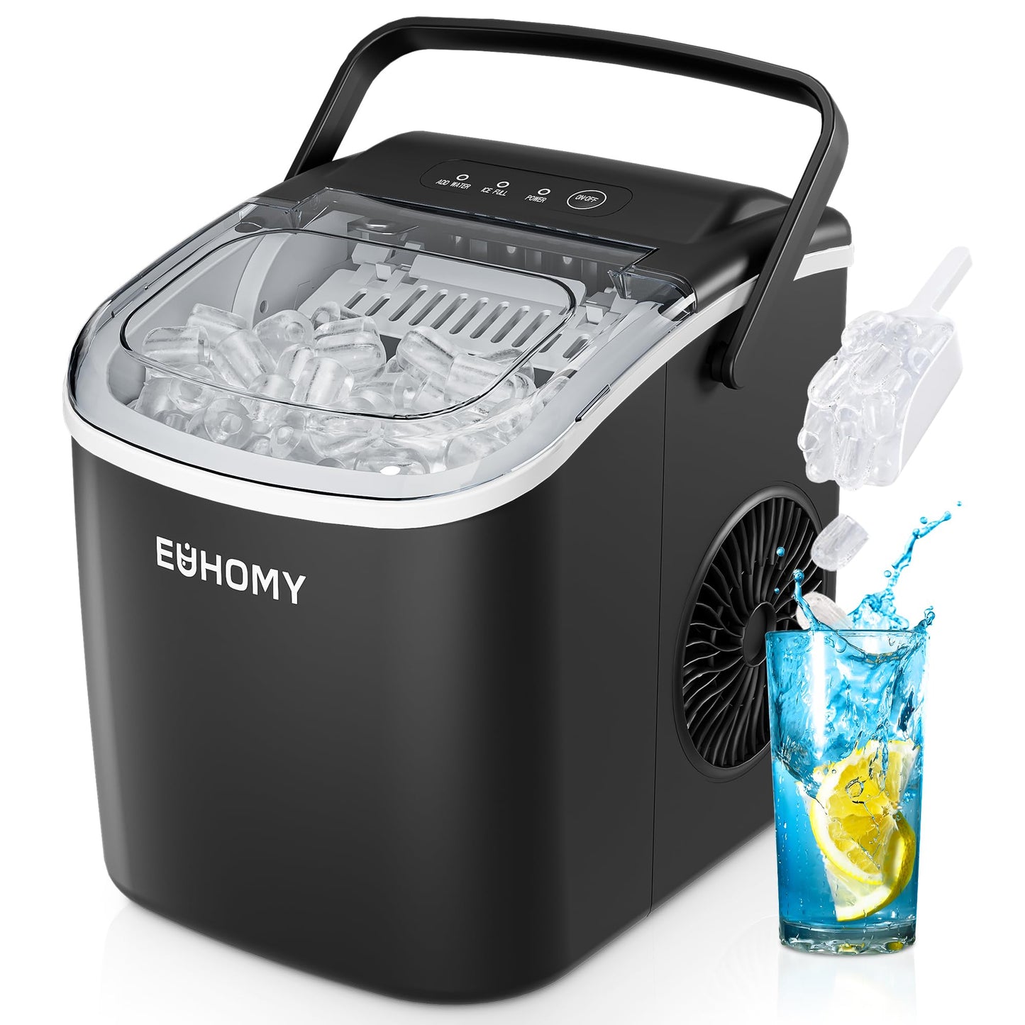EUHOMY Countertop Ice Maker Machine with Handle, 26lbs in 24Hrs, 9 Ice Cubes Ready in 6 Mins, Auto-Cleaning Portable Ice Maker with Basket and Scoop, for Home/Kitchen/Camping/RV. (Black)