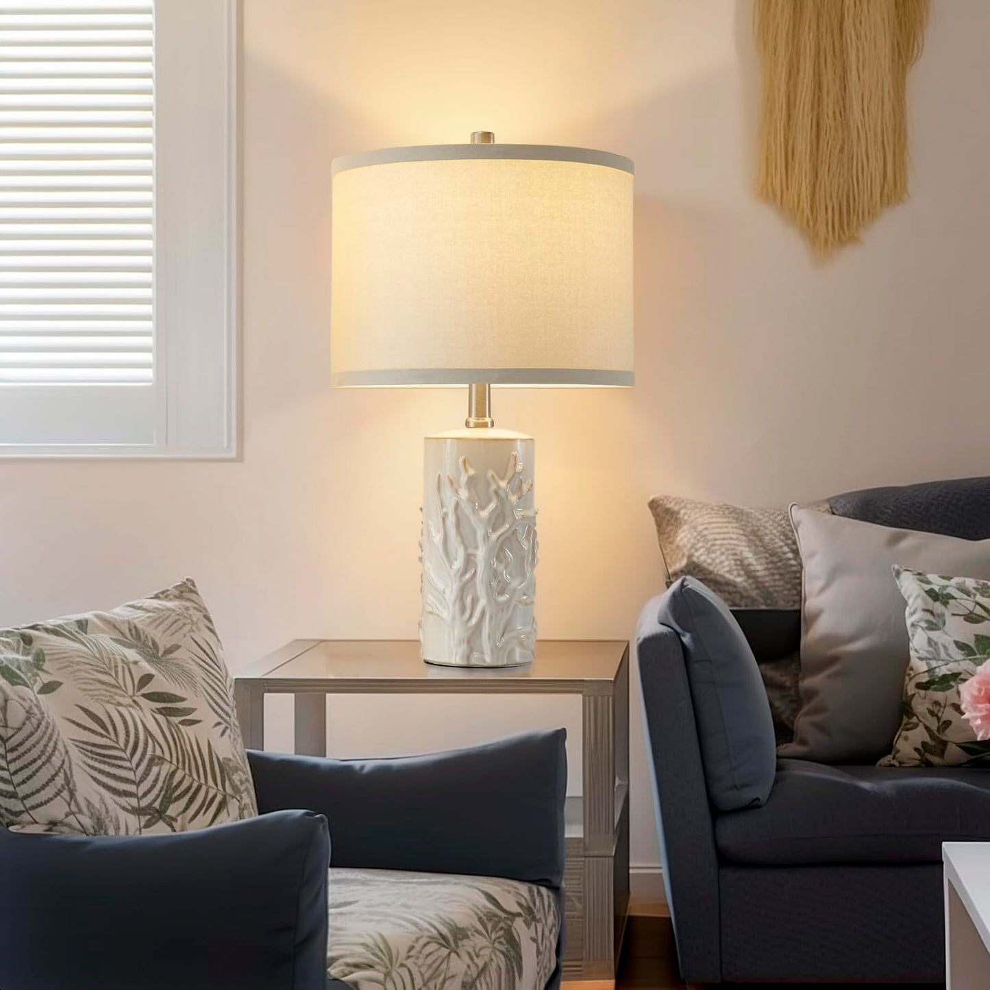 Luvkczc Moderne Keramiklampen für Schlafzimmer, 2er-Set, 3-Farbtemperatur-Tischlampe, Nachttischlampe, Schreibtisch-Leselampe mit Stoffschirm in Trommelform für Schlafzimmer, Wohnzimmer, 2 Glühbirnen enthalten (21,4 Zoll)
