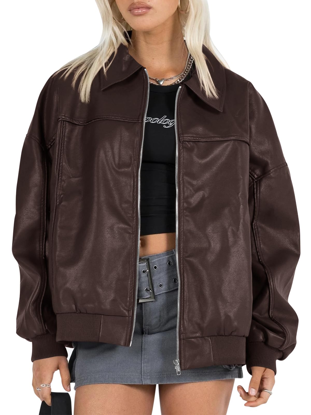 Tankaneo Womens Faux Leather Jackets Oversized Bomber Casual Fall Fashion Zip Up Moto Biker Coats