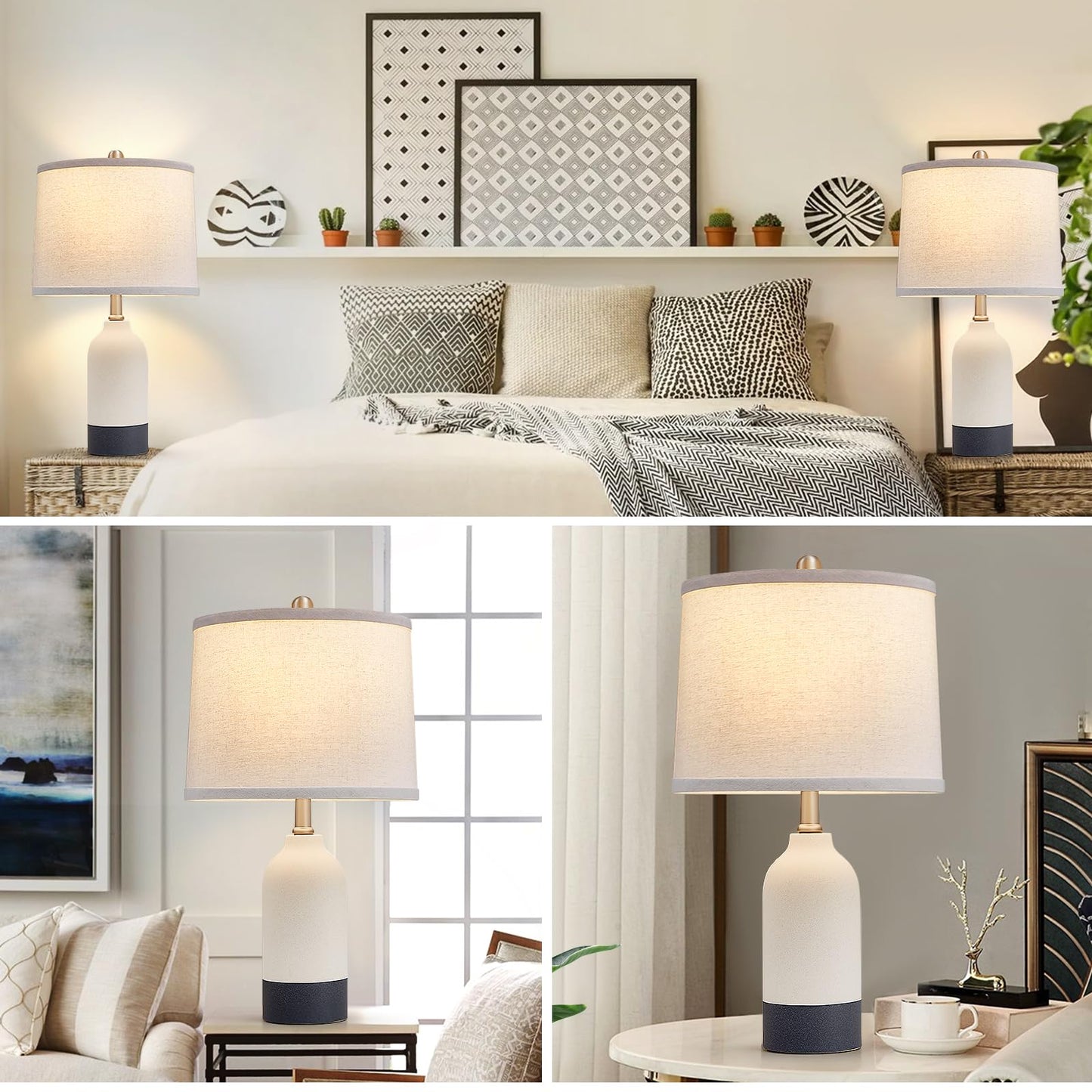Luvkczc Moderne Keramiklampen für Schlafzimmer, 2er-Set, 3-Farbtemperatur-Tischlampe, Nachttischlampe, Schreibtisch-Leselampe mit Stoffschirm in Trommelform für Schlafzimmer, Wohnzimmer, 2 Glühbirnen enthalten (21,4 Zoll)