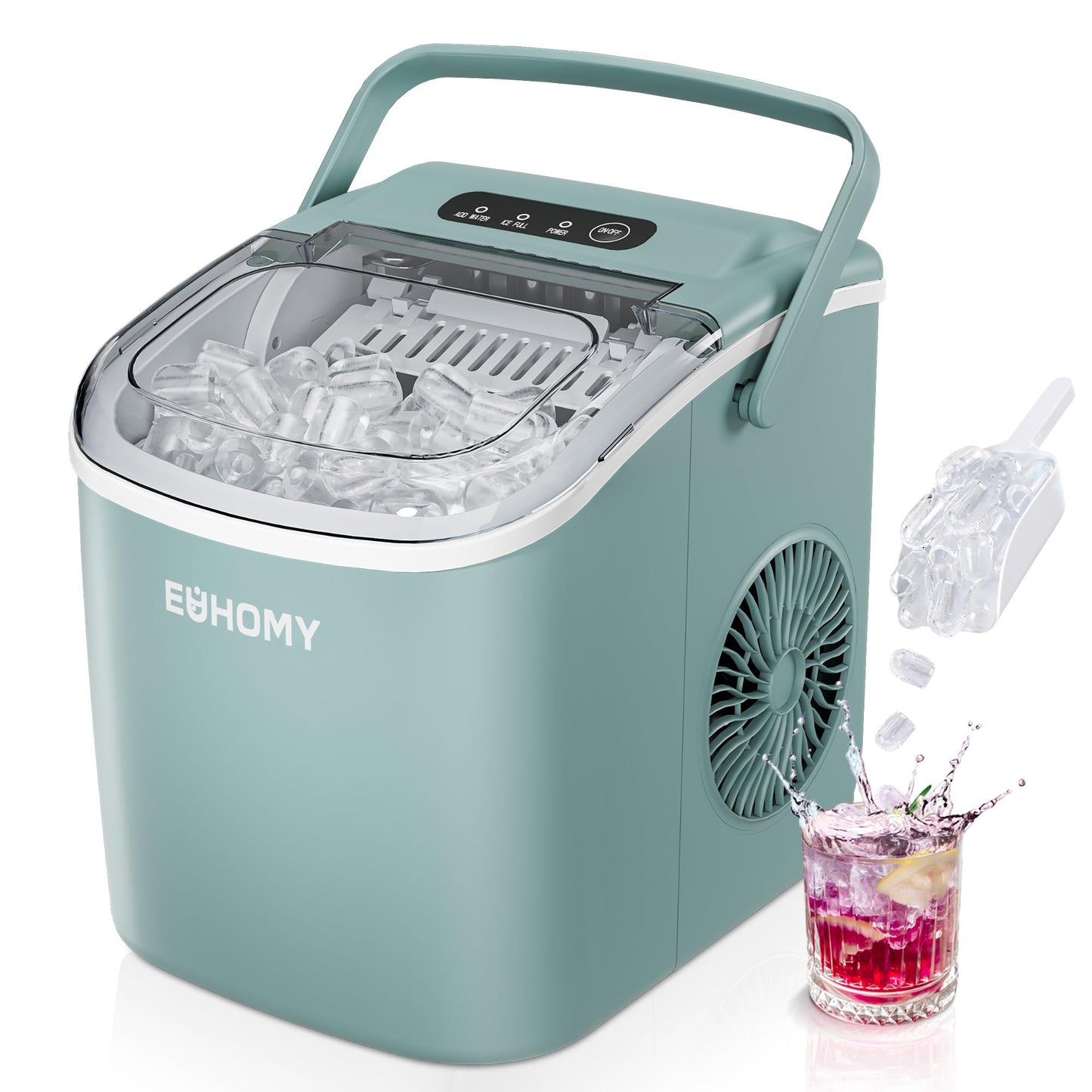 EUHOMY Countertop Ice Maker Machine with Handle, 26lbs in 24Hrs, 9 Ice Cubes Ready in 6 Mins, Auto-Cleaning Portable Ice Maker with Basket and Scoop, for Home/Kitchen/Camping/RV. (Black)