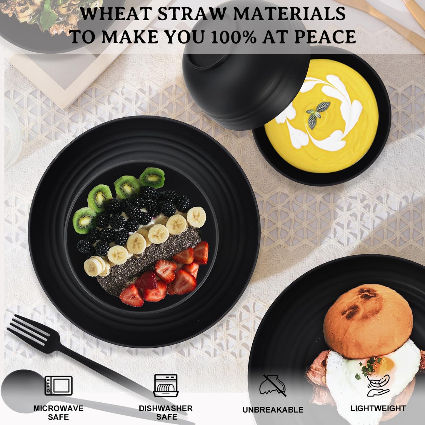 28 Piece Wheat Straw Dinnerware Sets,Dishwasher & Microwave Safe Plates and Bowls Sets - Unbreakable Plastic Dinnerware Sets for 4 Dinner Plates, Cups, Cereal Bowls - Colorful Series