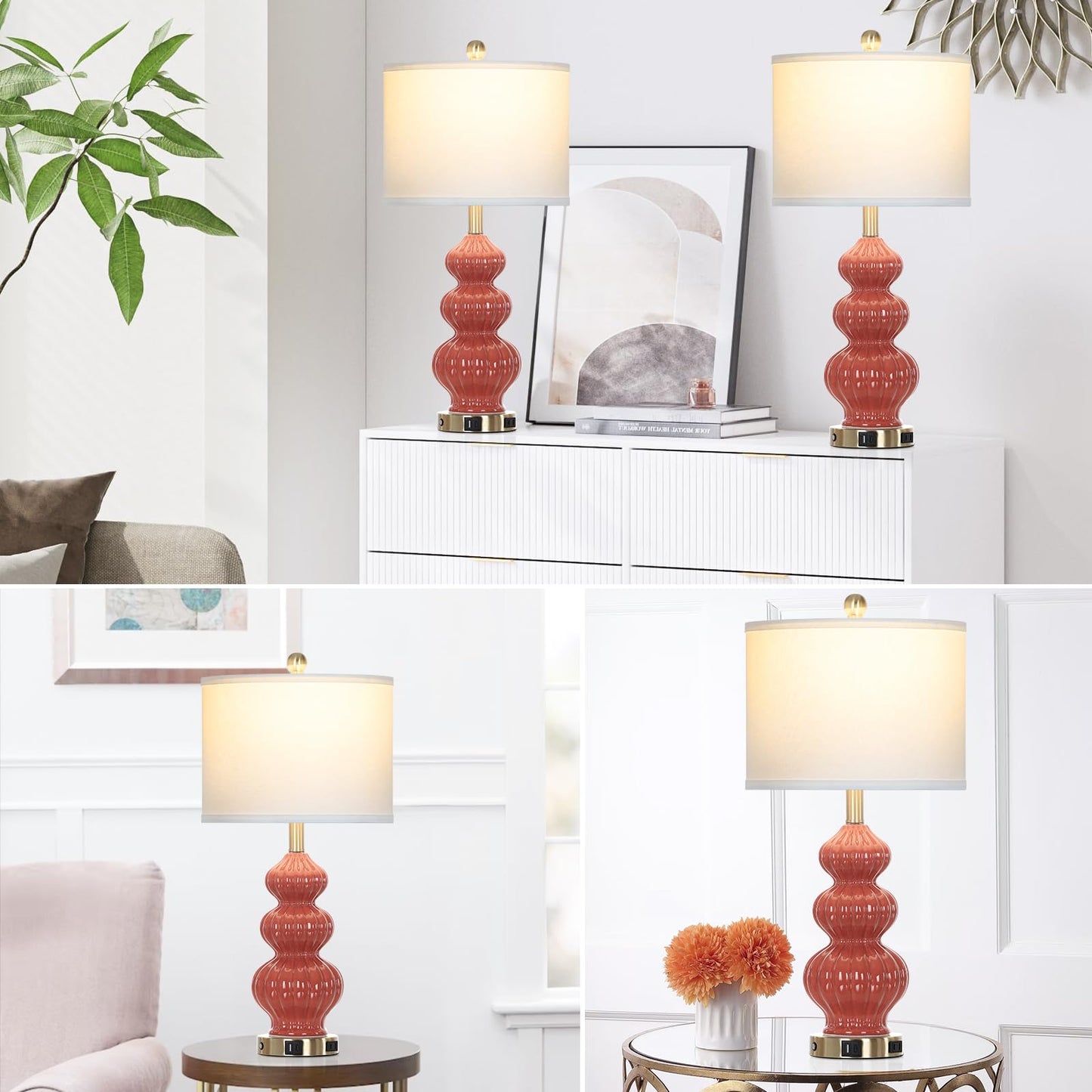 27-Zoll-Tischlampen aus Glas, 2er-Set mit Nachtlicht, moderne Nachttischlampen mit 3-Wege-Touch-Steuerung, USB-A+C-Anschlüssen und AC-Steckdose, gelbe Nachttischlampen im Boho-Stil für das Wohnzimmer im Schlafzimmer