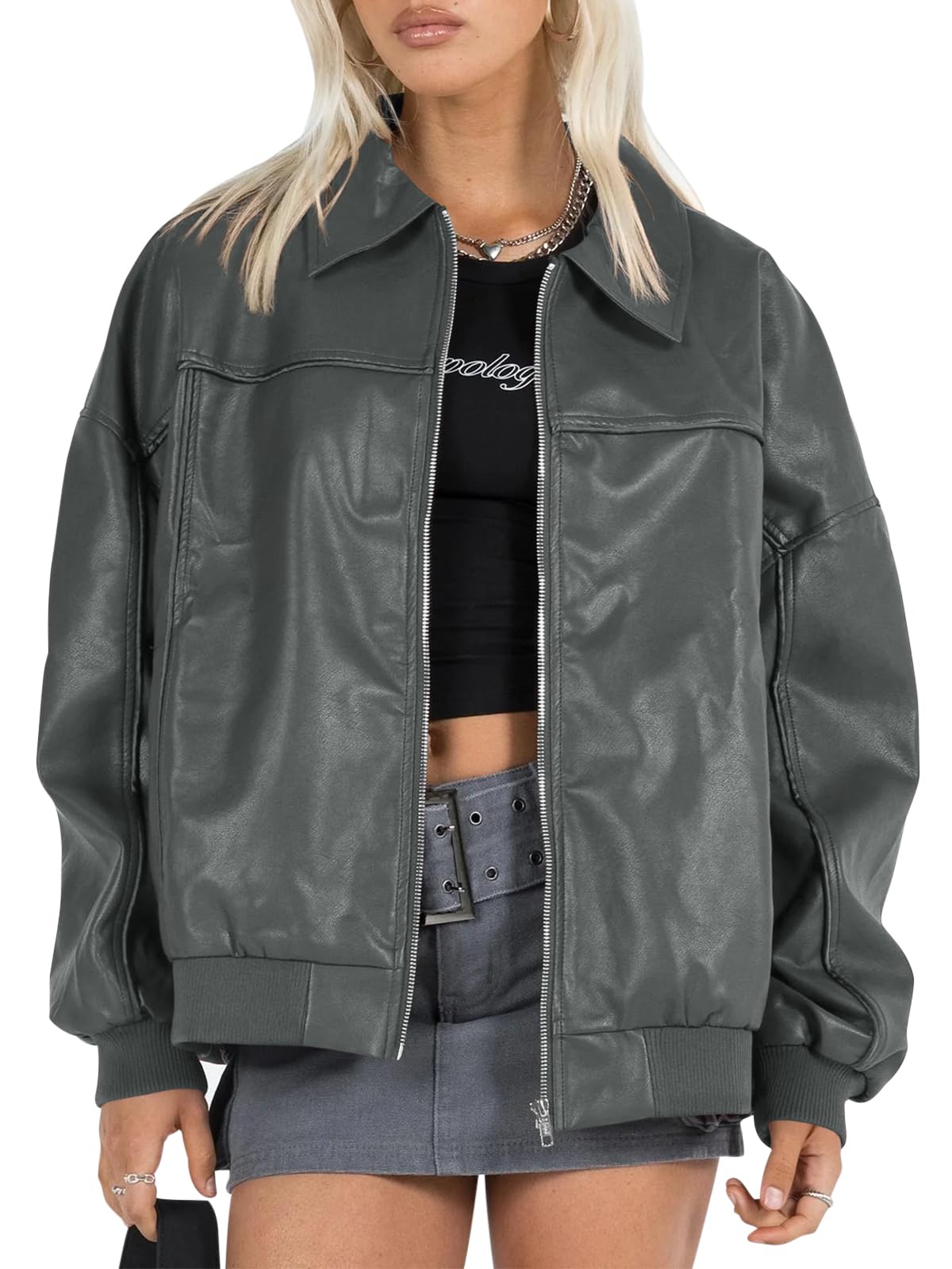 Tankaneo Womens Faux Leather Jackets Oversized Bomber Casual Fall Fashion Zip Up Moto Biker Coats