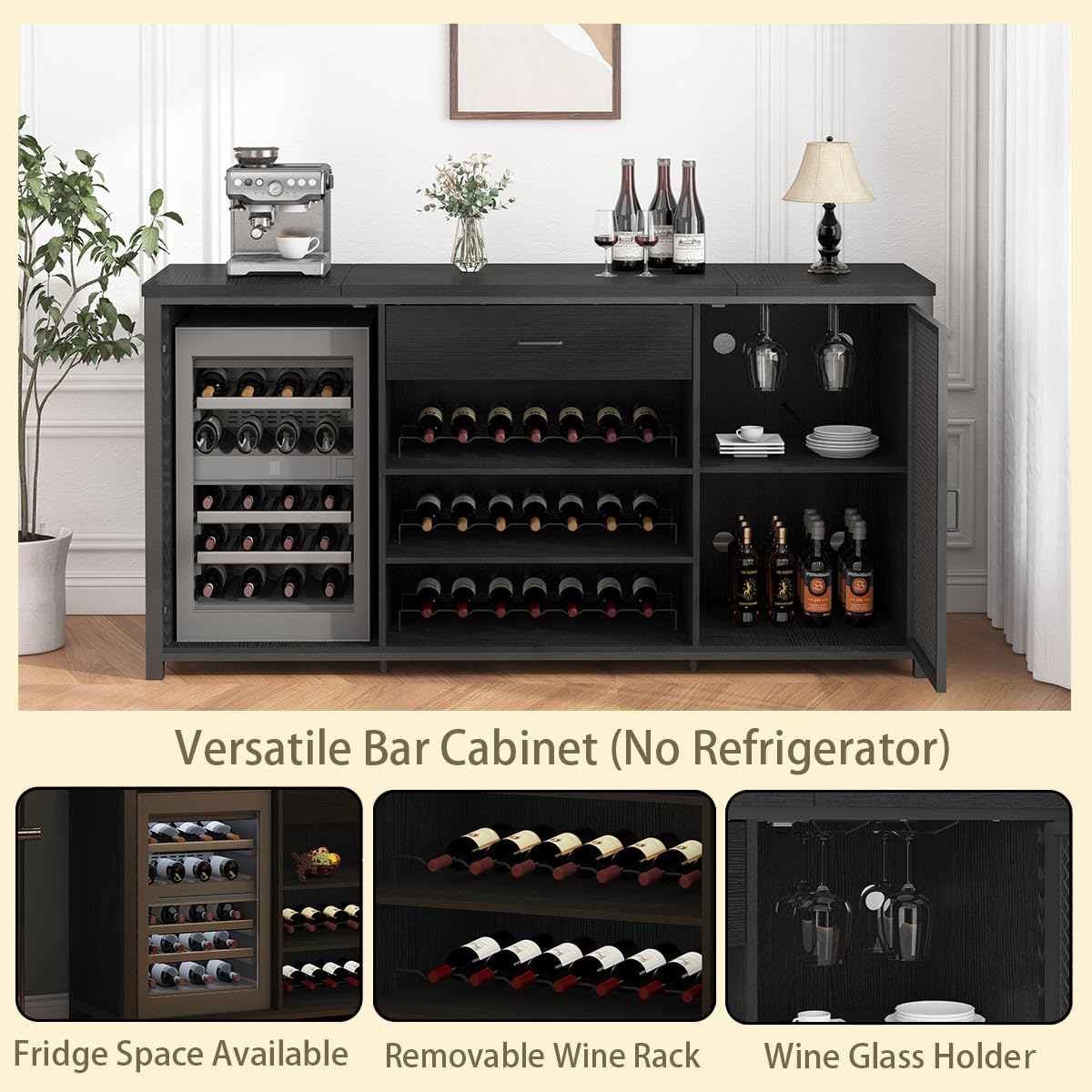 LVB Langer Barschrank mit Platz für den Kühlschrank, großer Spirituosenschrank im Landhausstil mit Schubladen, großer Weinschrank aus rustikalem Holz und Metall mit Regal, modernes Sideboard-Buffet für Küche und Esszimmer, grau, 70 Zoll