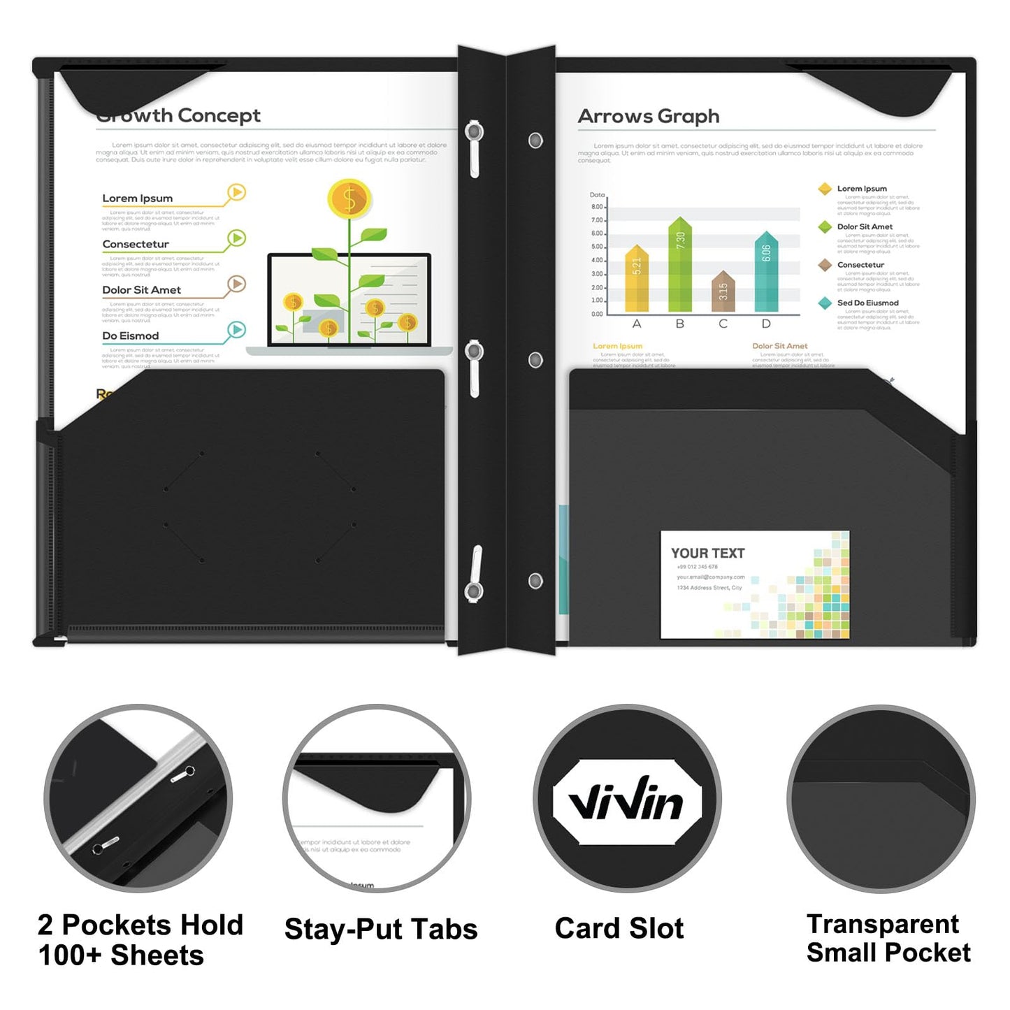 Chemises en plastique épais ViVin avec pochettes et broches, deux poches, poche avant transparente et onglets de maintien, lot de 6, pour papier au format lettre US, pour l'école et le bureau - Blanc