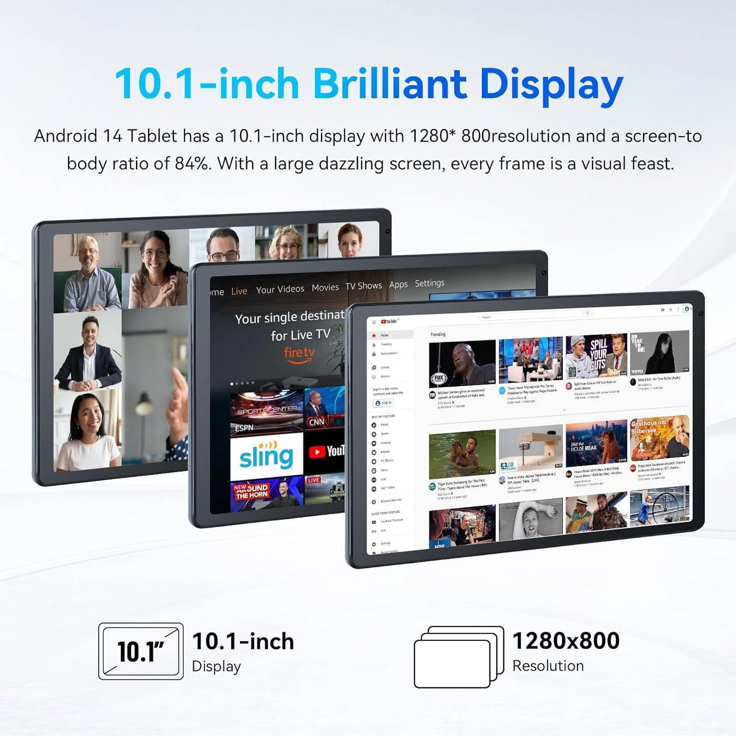 Android Tablet, 10.1 Inch Android 14 Tablet with 1280x800 IPS HD Touch Screen, Dual Camera, 64GB Storage 1TB Expansion, 8 in 1 Tablets Kit with Keyboard, Protective Case, Mouse, Stylus, BT 5.0, WiFi 6